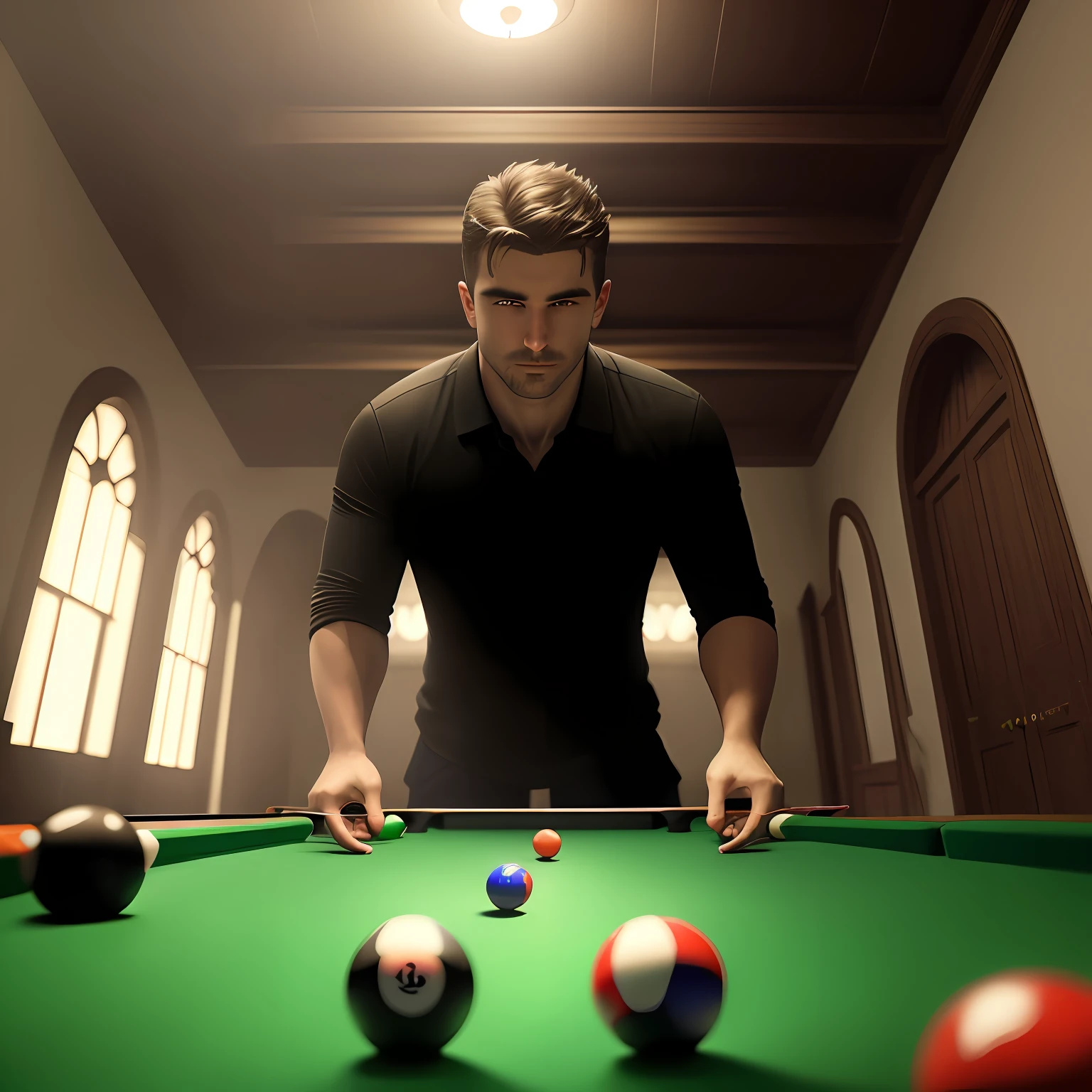 (melhor qualidade), (incredible realism), a game of billiards in a dark hall, com bolas precisas e coloridas, sem jogadores, movimentos suaves, luzes suaves destacando as bolas, uma atmosfera tensa e competitiva.