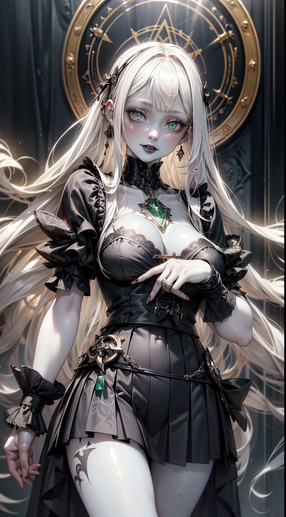 (necromance:1.2) girl, 1girl, perfect and well designed shiny eyes, (beautiful detailed (emerald:1.3) marsh eyes:1.05), natural breasts, slim body, beautiful and delicate face, (face detail), ((realistic face)), pores, ((pale skin)), detailed skin, realistic skin, medium length hair, hair voluminous, super high resolution, 8k, parameters Best quality, (masterpiece:1.4), (magic accessories:1.4), bracelets, necklaces, dark extremely detailed thick tight ((lacy silk clothing:1.3), (lacy wrap dress:1.2), (lycra kimono:0.8),(wild goth skirt:1.5)), shabby hood ruffles coat, embroidery and lace, jewelry ornaments, hair ornament, (cloth:1.3), (neckline:1.3), (cleavage), decolette, navel, Young Girl, Little Beast, (crazy:0.7) Smile, (Pale Skin:2.0), (19 Piercings:1.6), ((tattoos all over body, Tribal tattoos all over legs)), surrounded by darkness, (Darkness:1.2), Dark Fantasy, ultra detailed, photorealistic, ((Real image)), (best quality:1.4), super high resolution, (Realistic 2.0), More details, (full body portrait), (((1girl))), (witchcraft:1.5), magic energy flows and sparkles, (futurism:1.3), {(cyberpunk:1.1)|fantasy}, (magic technologies:1.3), (beautiful and aesthetic:1.2), (fractal art:1.4), (cinematic light:1.1), DUTCH ANGLE, 16K, HDR, RTX, Ray Tracing, Radiosity, Anisotropic Filtering, Subsurface Scattering, (((magic lights))), metallic reflections, Detailed, Realistic, 4k highly detailed digital art, (cool_color), extremely detailed CG unity 8k wallpaper, vibrant colors