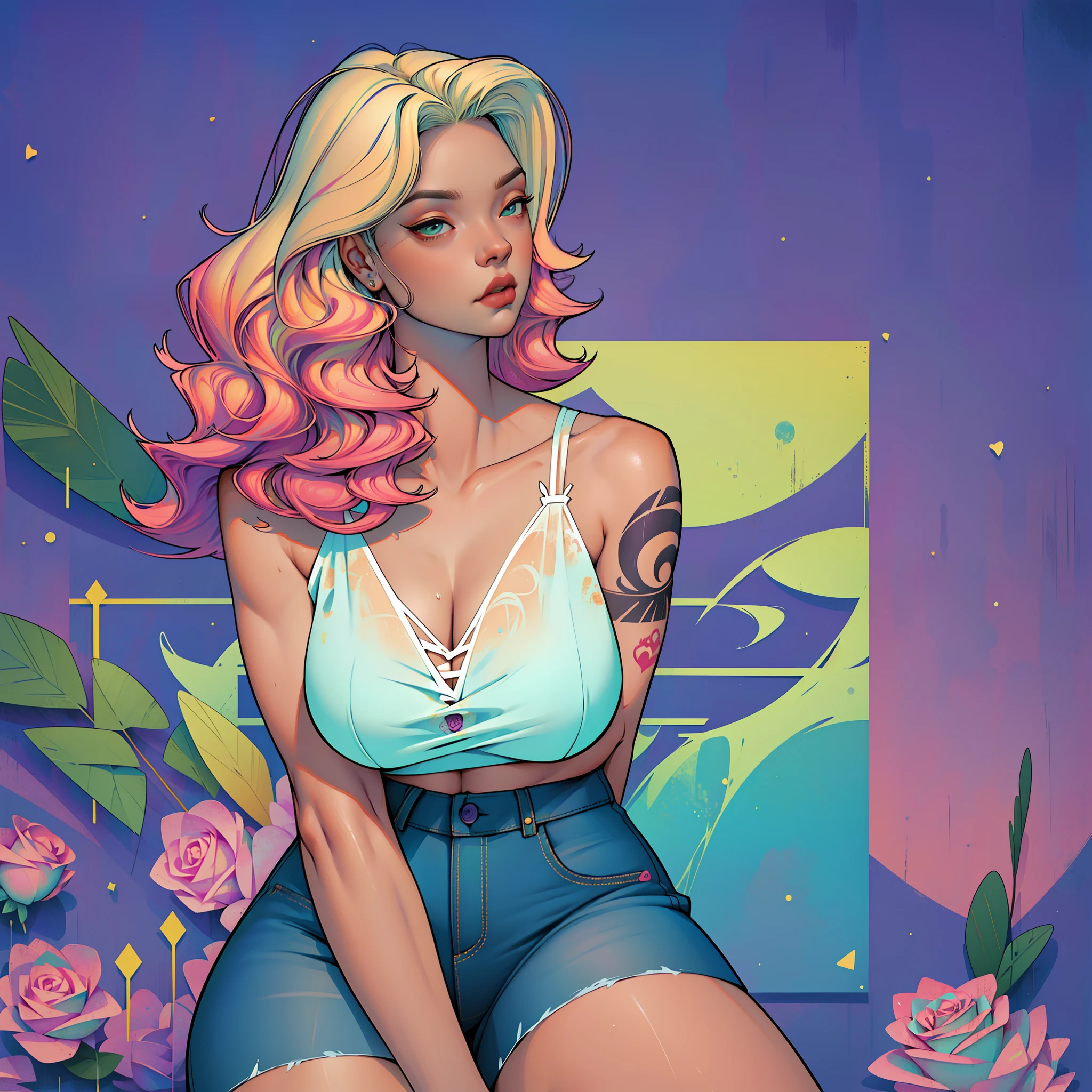Background, In chic boho style, in a cafe, Ice cream print, multi-colored neon lights, neon garlands, rose hair, mixed-language_SMS, Japanese graffiti, (beautiful and clear background:1.2),, fantastic paintings ,graffit style, olhos altamente detalhados , Underwear, lace, latex, blonde girl, Cat Print, tattoo, Loving, Love, ultra detail hair,sitting in random chsirs,Masterpiece, Best Quality, high qulity, high-definition, detail enhancement, ((most beautiful image in the world)), Masterpiece, Best Quality, high qulity, high-definition, detail enhancement, ((most beautiful image ), Shiny pink, Purple, mint, lavender, Yellow, white degrade hair, ultra short fitted Stampa Flores, Rollers, tights in a mesh, short denim shorts, art by stjepan sejic, art by j scott campbell, art by guillem march, art by citemer liu, 4k, high-definition, comic book character, comic, high quality detailed, style of ::2.0 comix illustration style,tatoon style, high qulity, high-definition, detail enhancement, 8K, HD, Best Quality, high qulity, high-definition, detail enhancement, 8K, HDR, sharp-focus, Ultra Detailed, perfect lighting, Curvy Body, Lush breasts, Curvy hips