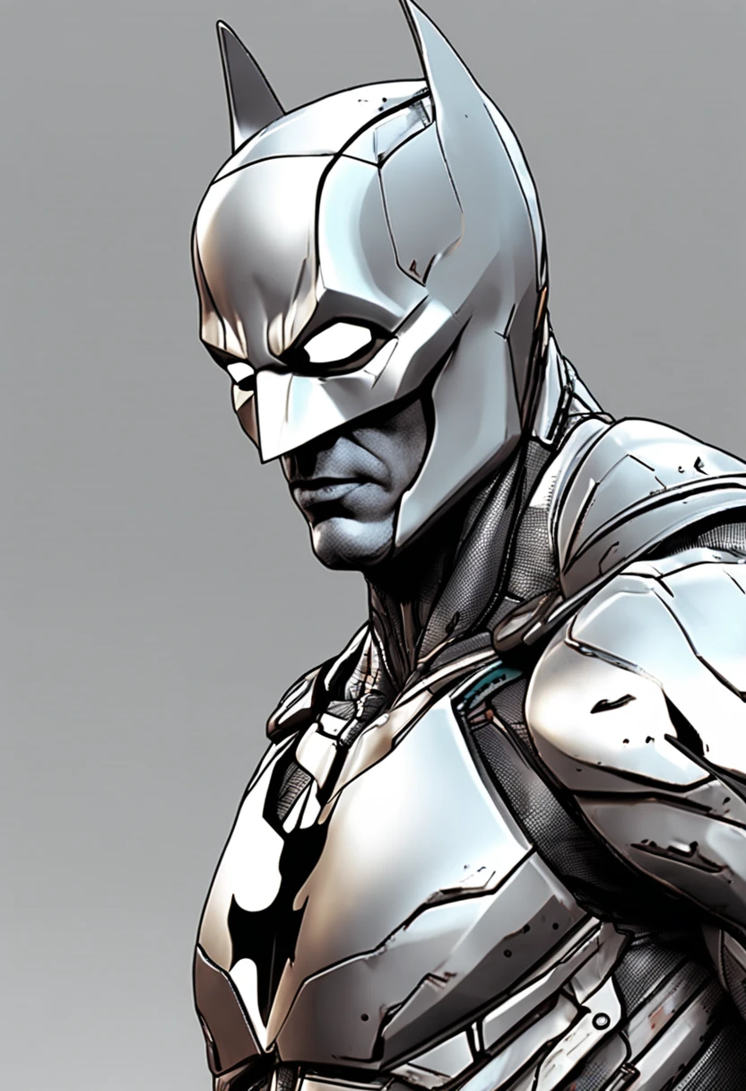 A realistic white batman in a titanium cybernetic suit, detalhado, designe perfeito, alta qualidade arestas perfeitas e simetricas ::n_desenho de estilo, Low-quality imperfection, boneco, jogo, anime