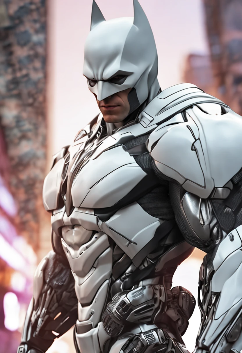 A realistic white batman in a titanium cybernetic suit, detalhado, designe perfeito, alta qualidade arestas perfeitas e simetricas ::n_desenho de estilo, Low-quality imperfection, boneco, jogo, anime