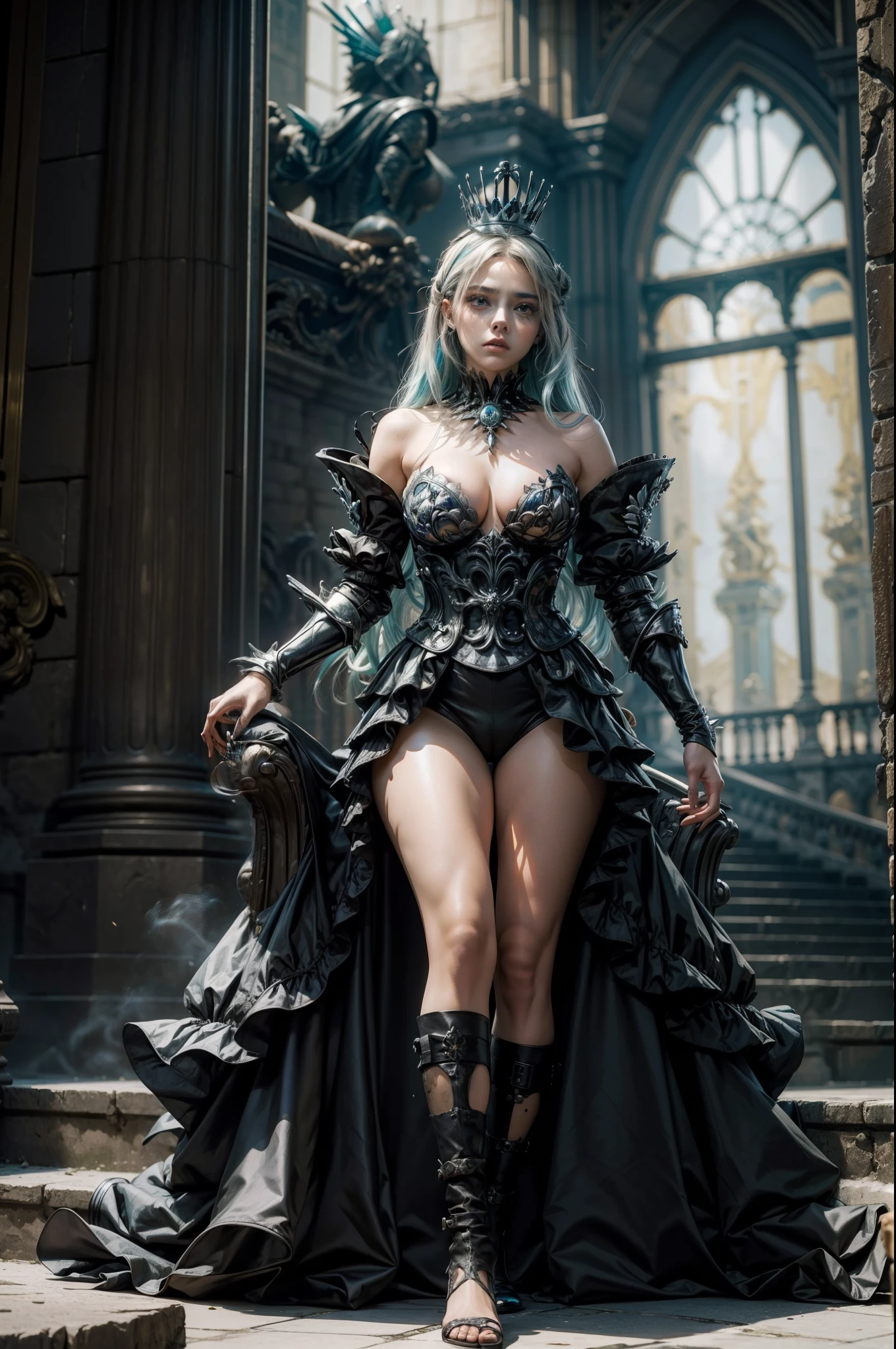 (obra maestra) (La mejor calidad) La diosa de la locura. Has a mocking and sinister expression., Lleva ropa hecha jirones, He wears a tarnished crown and stands on a shattered throne........ She is surrounded by a wind of chaotic fumes of strange colors........ (pechos grandes)