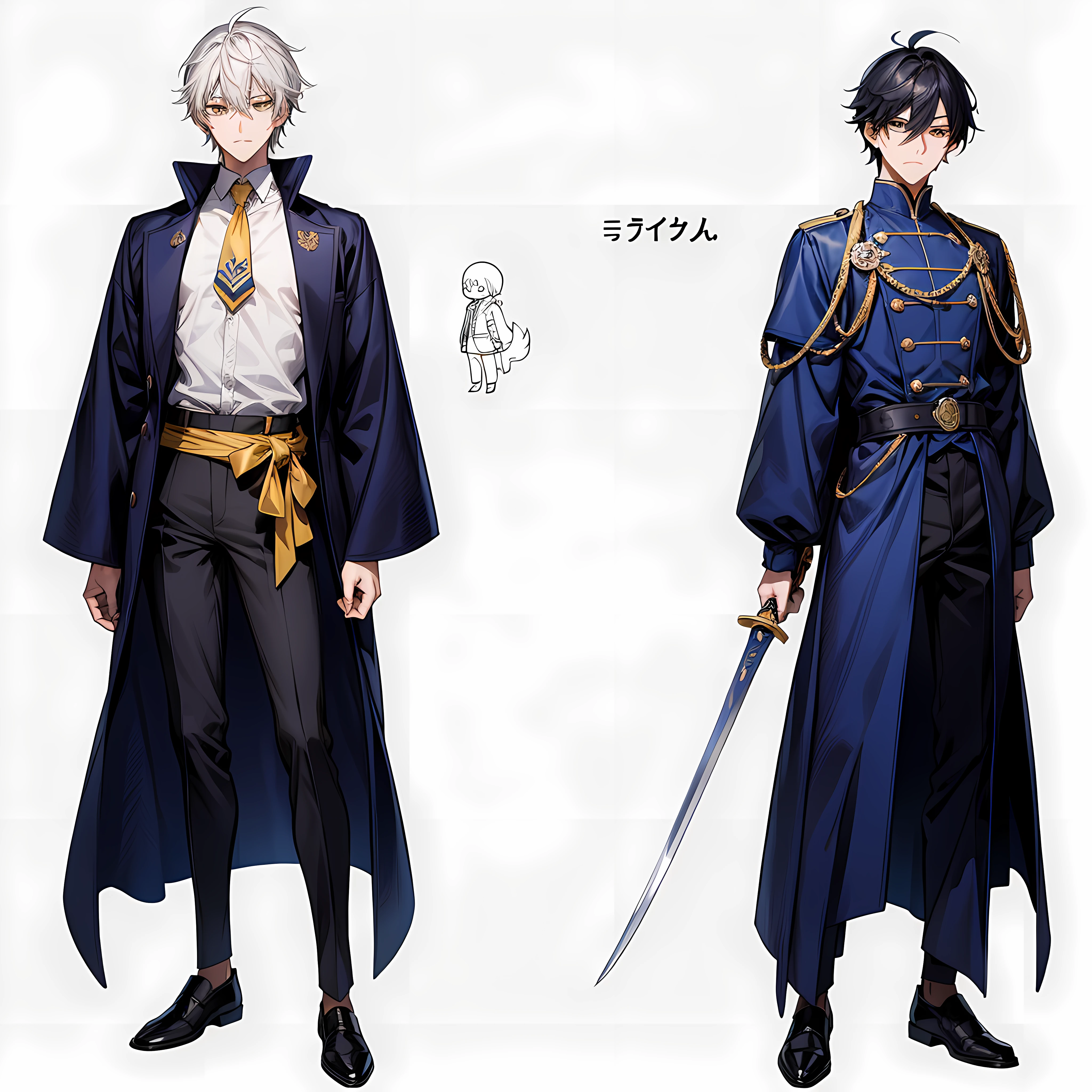 (em estilo model sheet e yusuke murata) crie um personagem com roupas no gotejar, Magic style usAnodo sword art, (he is a man, tem longos cabelos vermelhos alarAnojados no meio da costa, Ano "x"-shaped mark on his yellow eye and an athletic stature, its height is 1,90m. Ele usa roupas no "gotejar" Estilo, usAnode a thin and stylish pants, Long brAnoca social shirt with buttons, Dark blue almost black social shoe and a blue overcoat with yellow bands on the arms .), ( Ela tem 16 Anoos), (expression of superiority). ( Homem alto), (cabelo longo), (muscular athletic body).