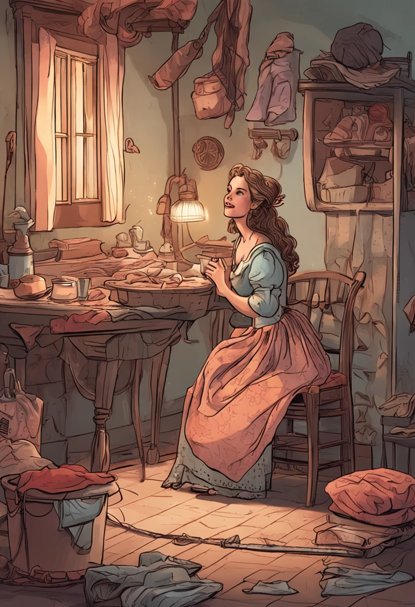 Crie uma cena do dia a dia de Cinderela, showing her washing clothes and sweeping the floor.
Show the half-sisters relaxing in chairs while Cinderella works, highlighting injustice.