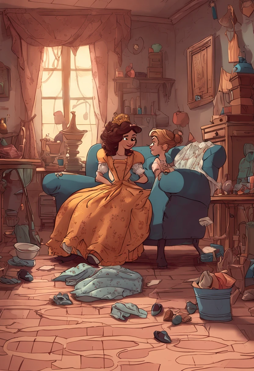 Crie uma cena do dia a dia de Cinderela, showing her washing clothes and sweeping the floor.
Show the half-sisters relaxing in chairs while Cinderella works, highlighting injustice.
