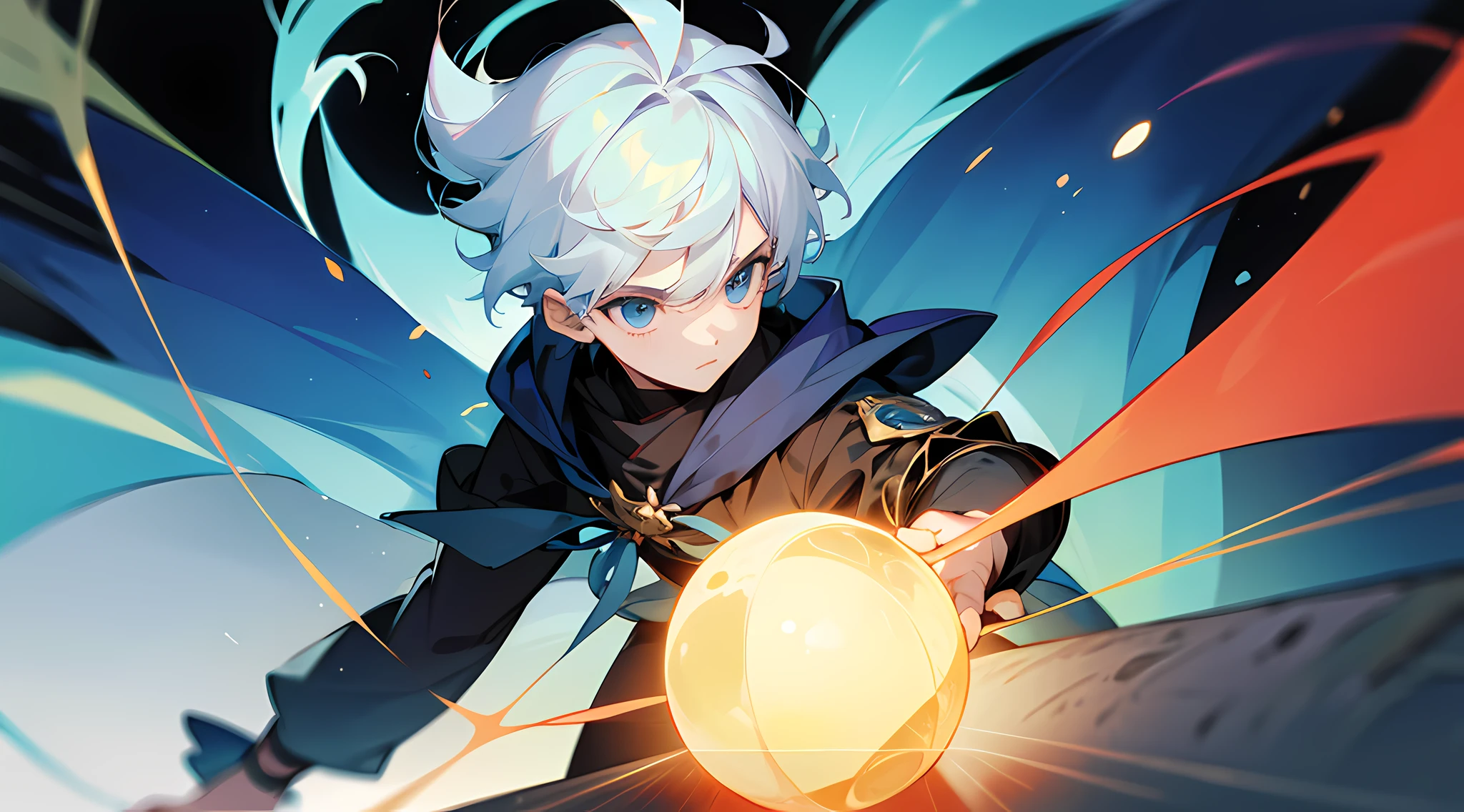 1 boy, cabelos brancos, olhos azuis, segurando uma orb, 4k, alto detalhamento, adolescente, homem lindo