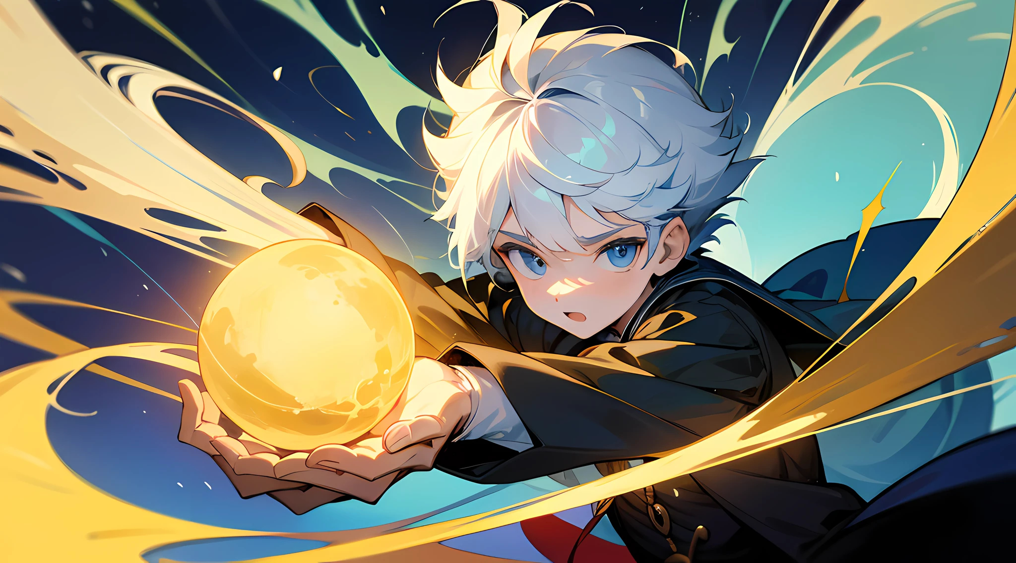 1 boy, cabelos brancos, olhos azuis, segurando uma orb, 4k, alto detalhamento, adolescente, homem lindo