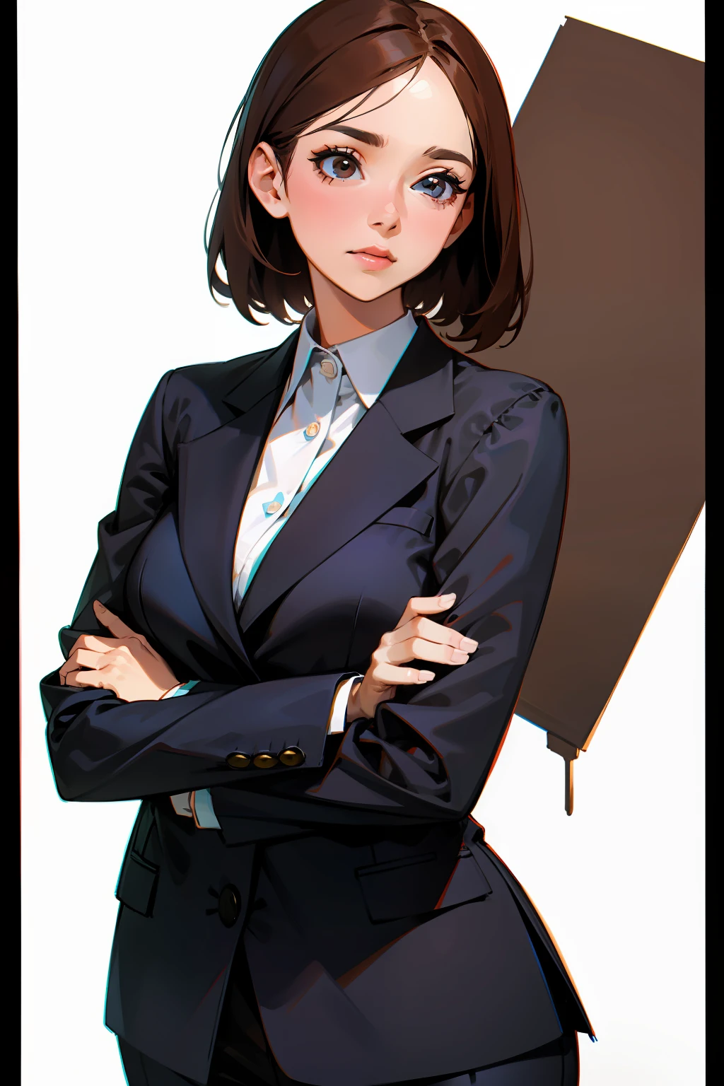 Adult woman, in business clothes, brown-hair, white background, 40 years