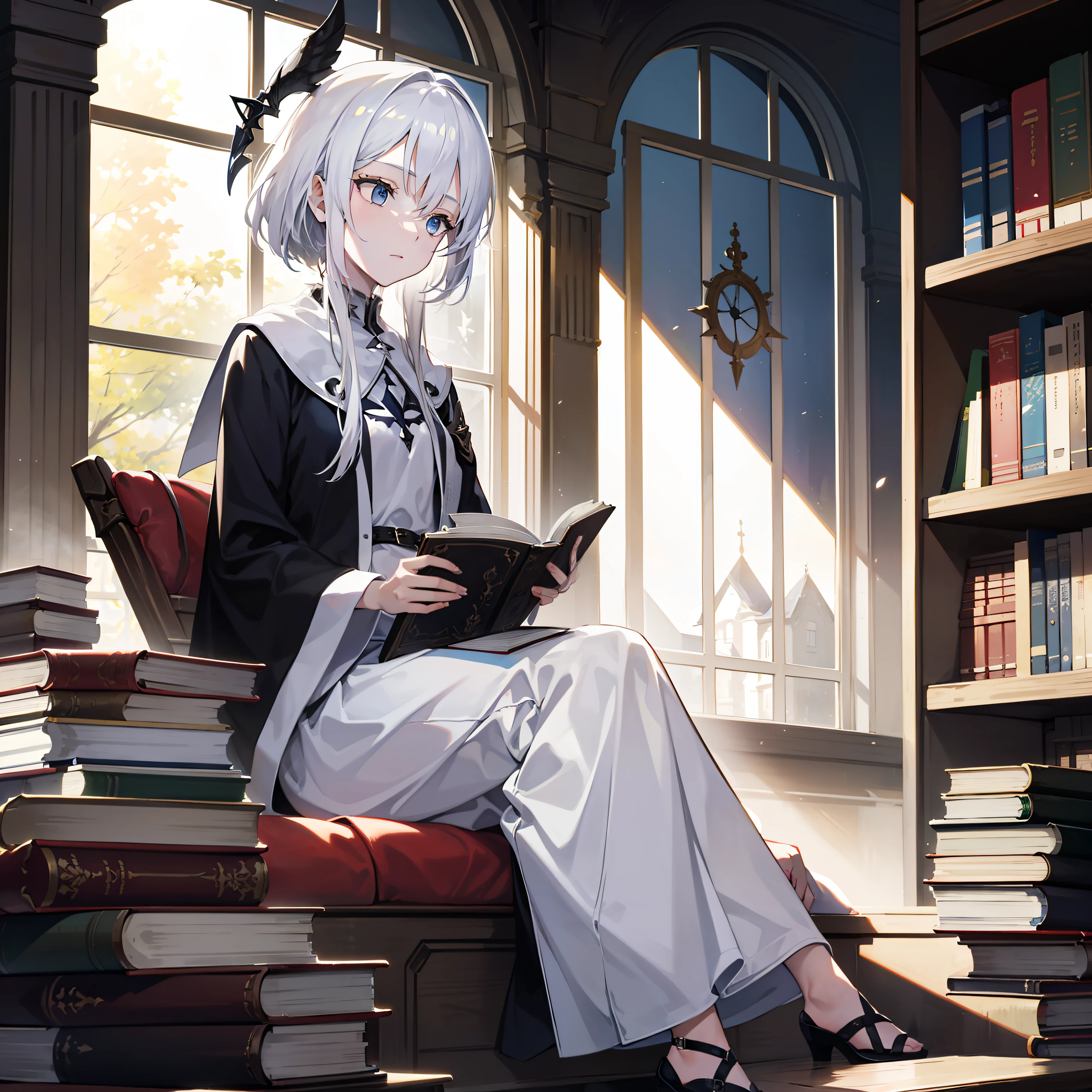 Beautiful white-haired witch,in library,quadratic element,teens girl,sideface,looking at book,dozing,sat on the ground,The sunlight outside the window shines on the side of the face,The girl sleeps