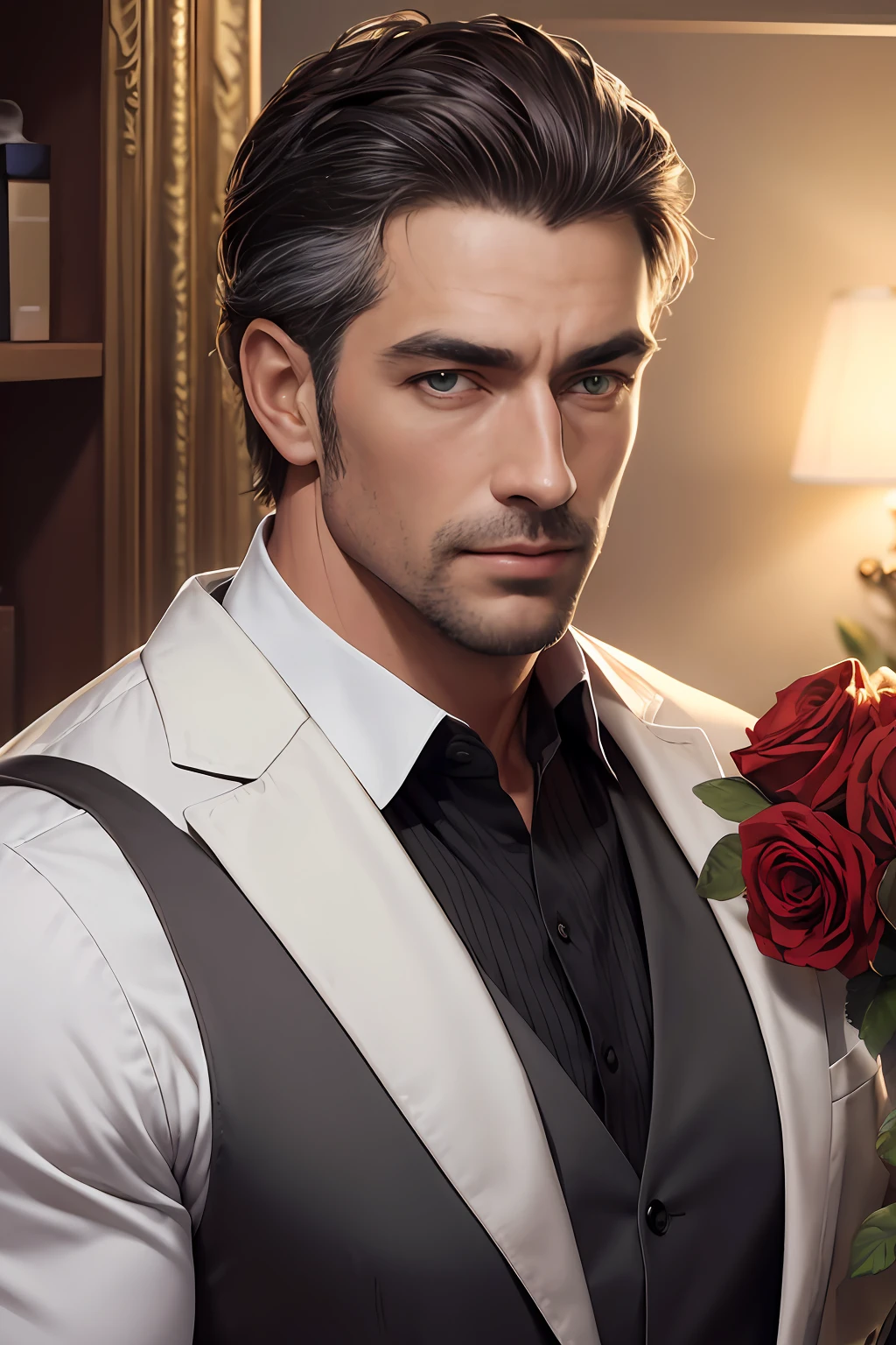 master-piece, bestquality, (handsome, highres, ultra-detail), 1male, mature adult, Very handsome, Men with high muscles, Wide shoulders, Finely detailed eyes and detailed face, Dark gray hair, green eyes, handsome, Black Suit, fantasy, off-shoulder shirt, , White Palace, Red Roses, sunlight, Excellent lighting and shadows, scenery, portrait,warm colors