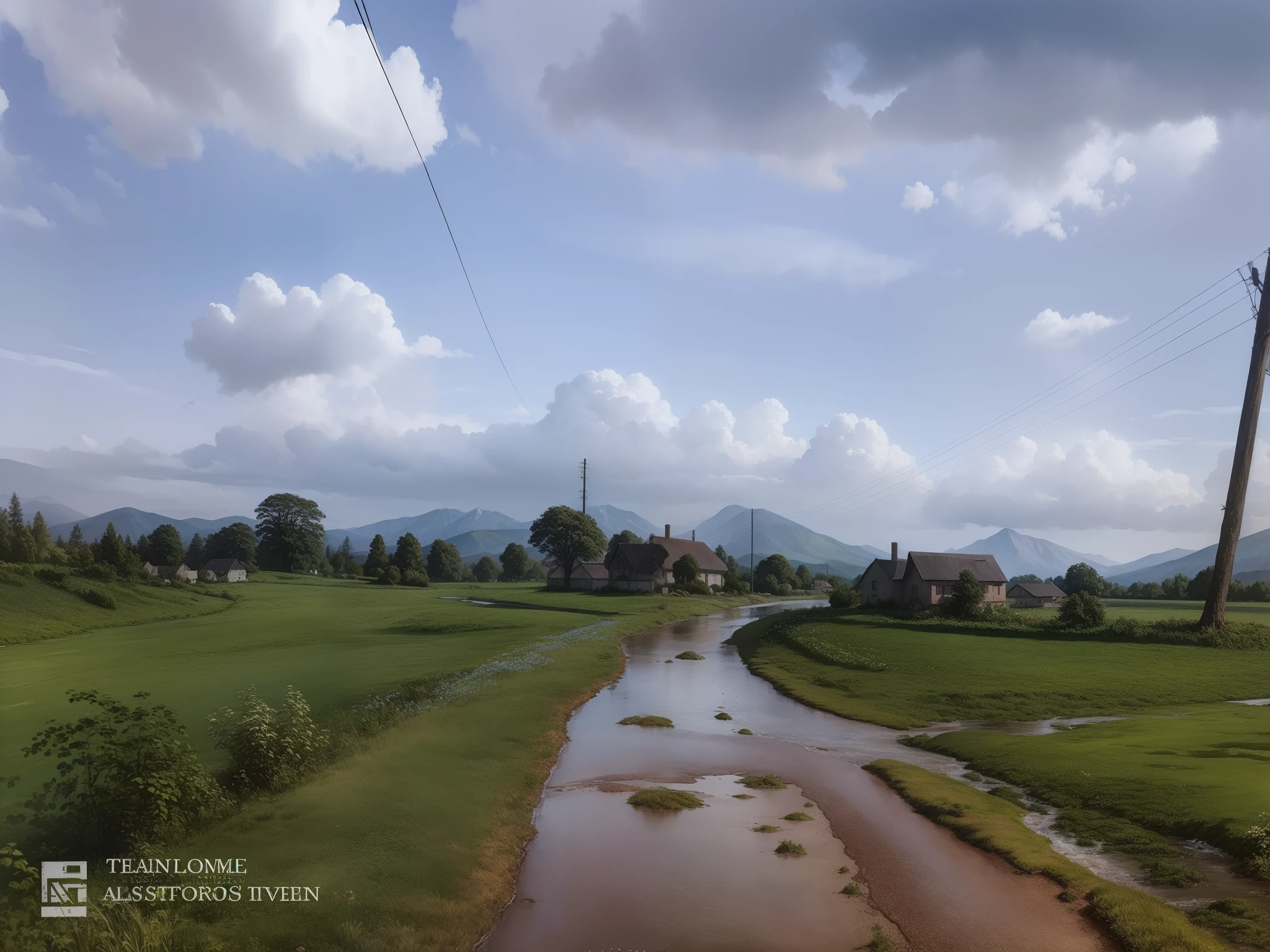 a watercolor painting, of a house in the countryside with a beautiful stream, and a mountain in the background, blue sky with beautiful clouds, colorful watercolor