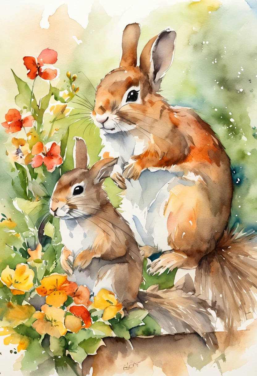 Color the scene where a squirrel and a rabbit are talking cutely々Create from an angle