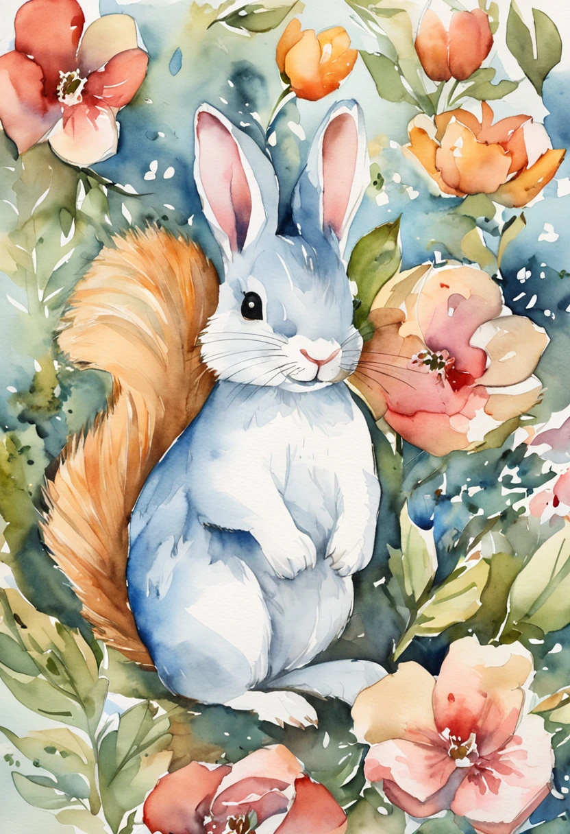 Color the scene where a squirrel and a rabbit are talking cutely々Create from an angle