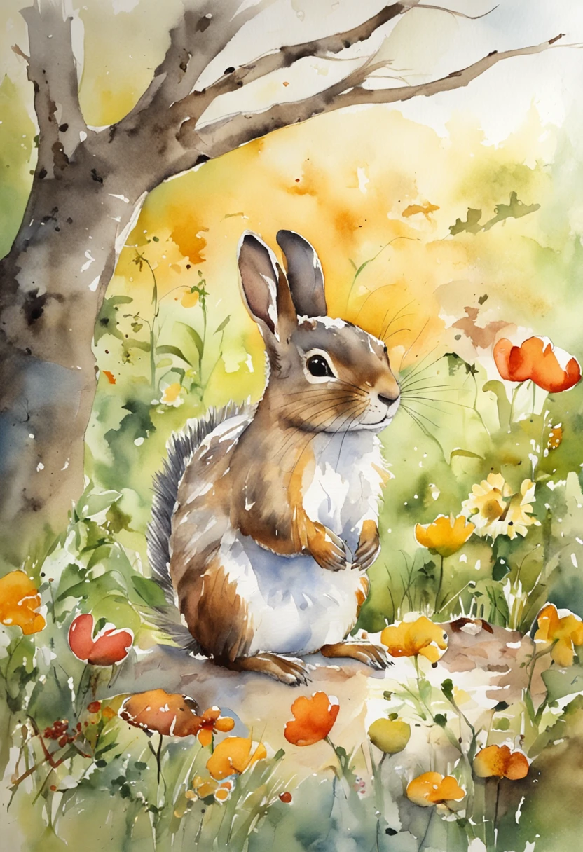 Color the scene where a squirrel and a rabbit are talking cutely々Create from an angle