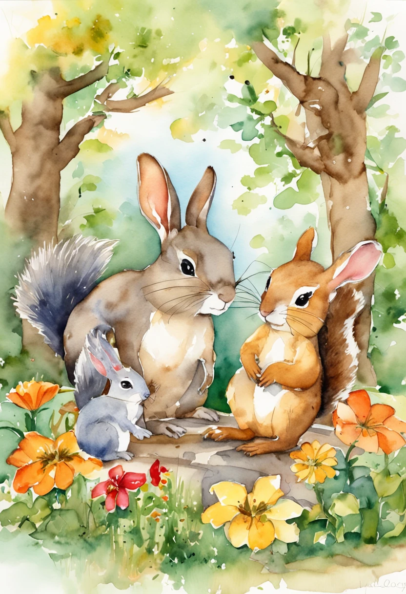 Color the scene where a squirrel and a rabbit are talking cutely々Create from an angle