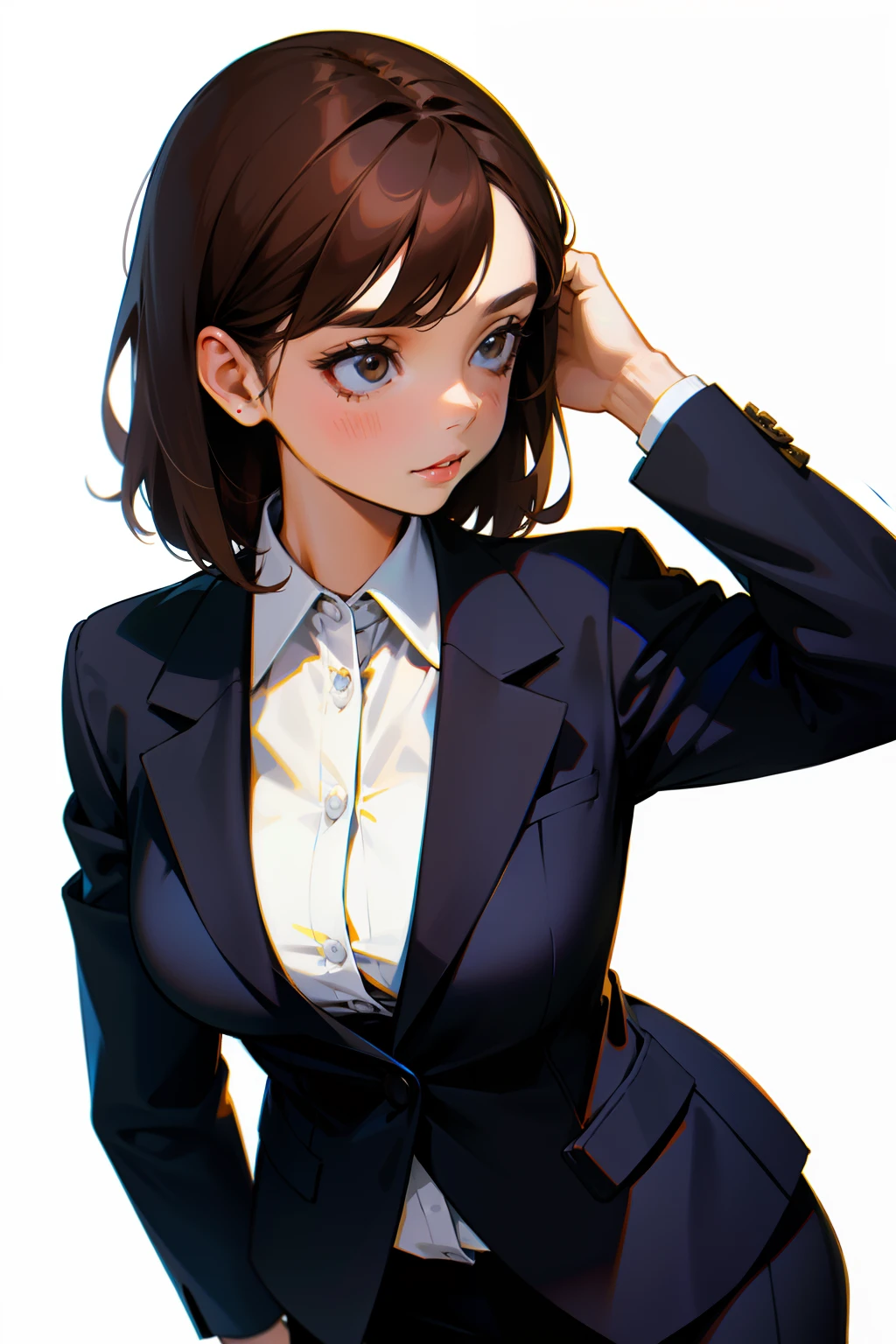 Adult woman, in business clothes, brown-hair, white background, 40 years
