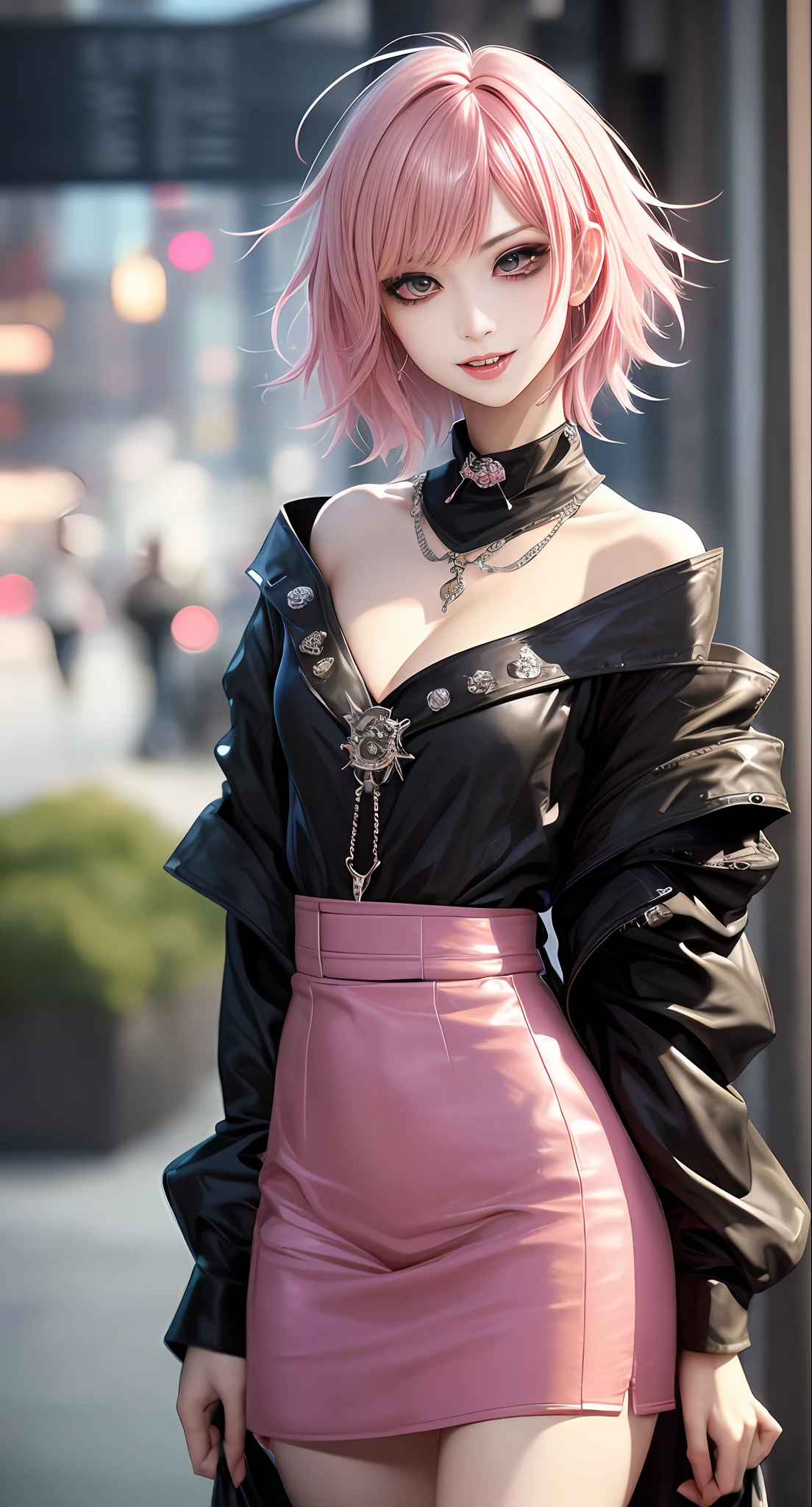 masterpiece, top-quality, ((1womanl)), Adults, different color, finely eye and detailed face, intricate detailes, Casual black and white attire((Sexy clothes)), window, A smile, Happiness, tenderness, high-level image quality、 selfee, Beautuful Women、tall、a small face, D-cups, The upper part of the body、nightfall, nighttime scene、𝓡𝓸𝓶𝓪𝓷𝓽𝓲𝓬、Korea person, Idol Photos, Model photo, k pop, Professional Photos, Vampires, Korean fashion in black and white, Fedoman with necklace, inspired by Sim Sa-jeong, androgynous vampire, :9 detailed face: 8, extra detailed face, detailed punk hair, ((eyes are brown)) baggy eyes, Seductive. Highly detailed, semi realistic anime, Vampires, hyperrealistic , Delicate androgynous princess, imvu, ((short hair woman)), Pink hair woman with wild look, Sexy look, ((Woman with short pink hair)), ((1 persons))