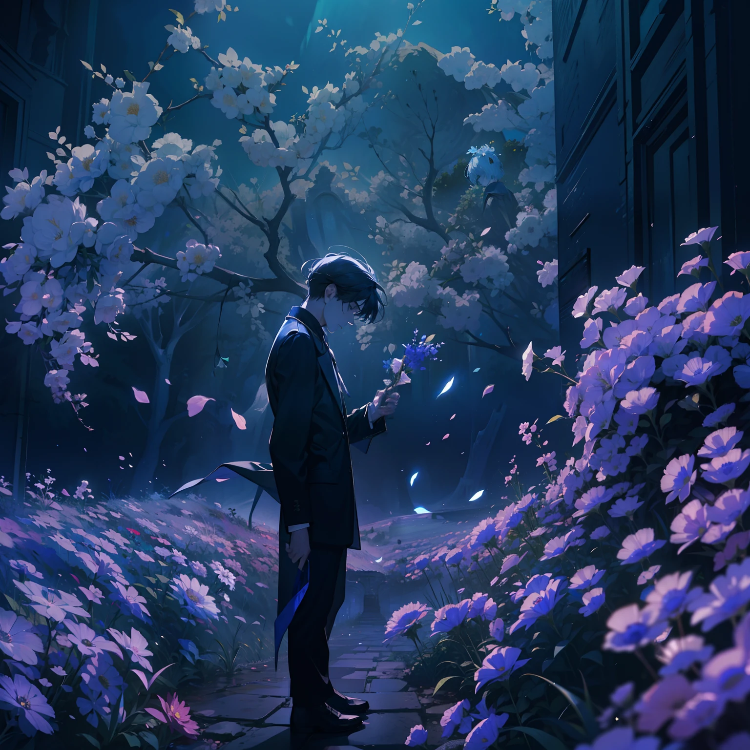 there is a man holding a flower in her hand, a still of an ethereal, with frozen flowers around her, still from a music video, beautiful cinematography, art house film aesthetic, extremely moody blue lighting, dreamy atmosphere and drama, terrence malick screenshots, holding magic flowers, eerie david lynch cinematography, still frame from a movie, holding flowers, roses in cinematic light, sideways, The boy stands sideways