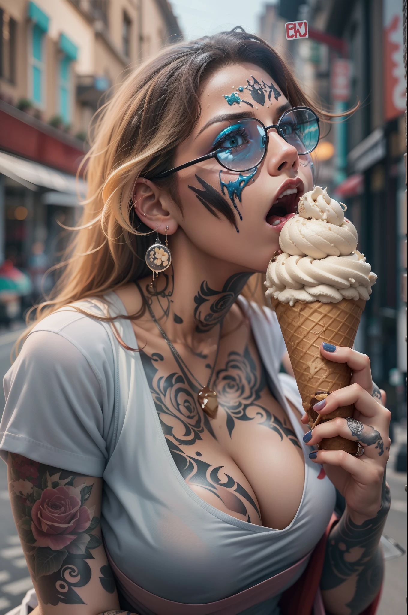 A Tattoo Art Masterpiece, Huge tits woman eating Ice Cream, Perfect body, Perfect Ice Cream, In a Street, Cream splash, detailed and Intrincicated, HD