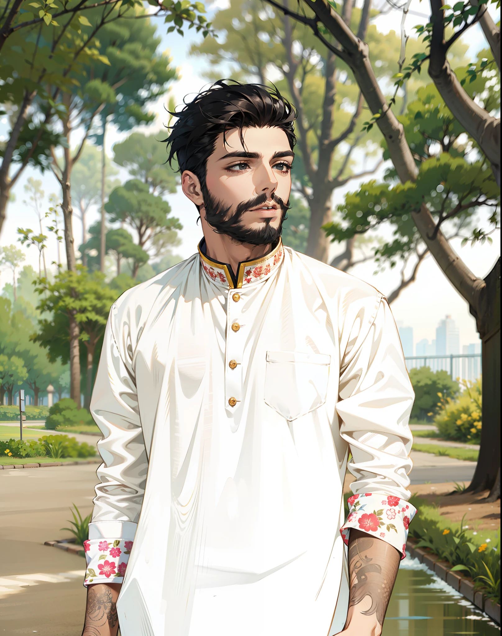 (masterpiece),(best quality:1.0), (ultra highres:1.0), detailed illustration, 8k,1boy, anime boy, wearing panjabi, detailed black beard ,white pants, intricate details, detailed face, black eyes, detailed eyes, detailed hair, highlights in hair, highly detailed, anime style, vibrant