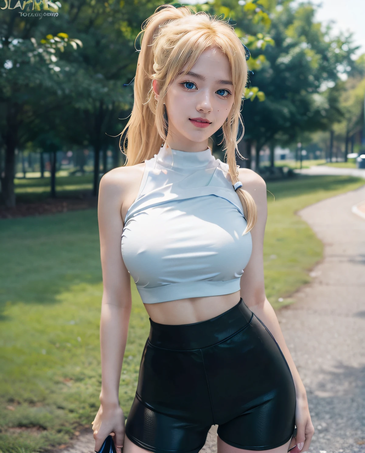 1girl, (Blue Eyes), smiling, (Sana Minatozaki), wide hips, Big Boobs, big ass, (Best Quality, 8k, Masterpiece: 1.3), Clear Focus: 1.2, Perfect Body Beauty: 1.4, Slender Abs: 1.2, Highly detailed face and skin texture, detailed eyes, double eyelids, (blonde ponytails hair), (sport top), (black High Waist shorts Leggings), standing, at park in japan