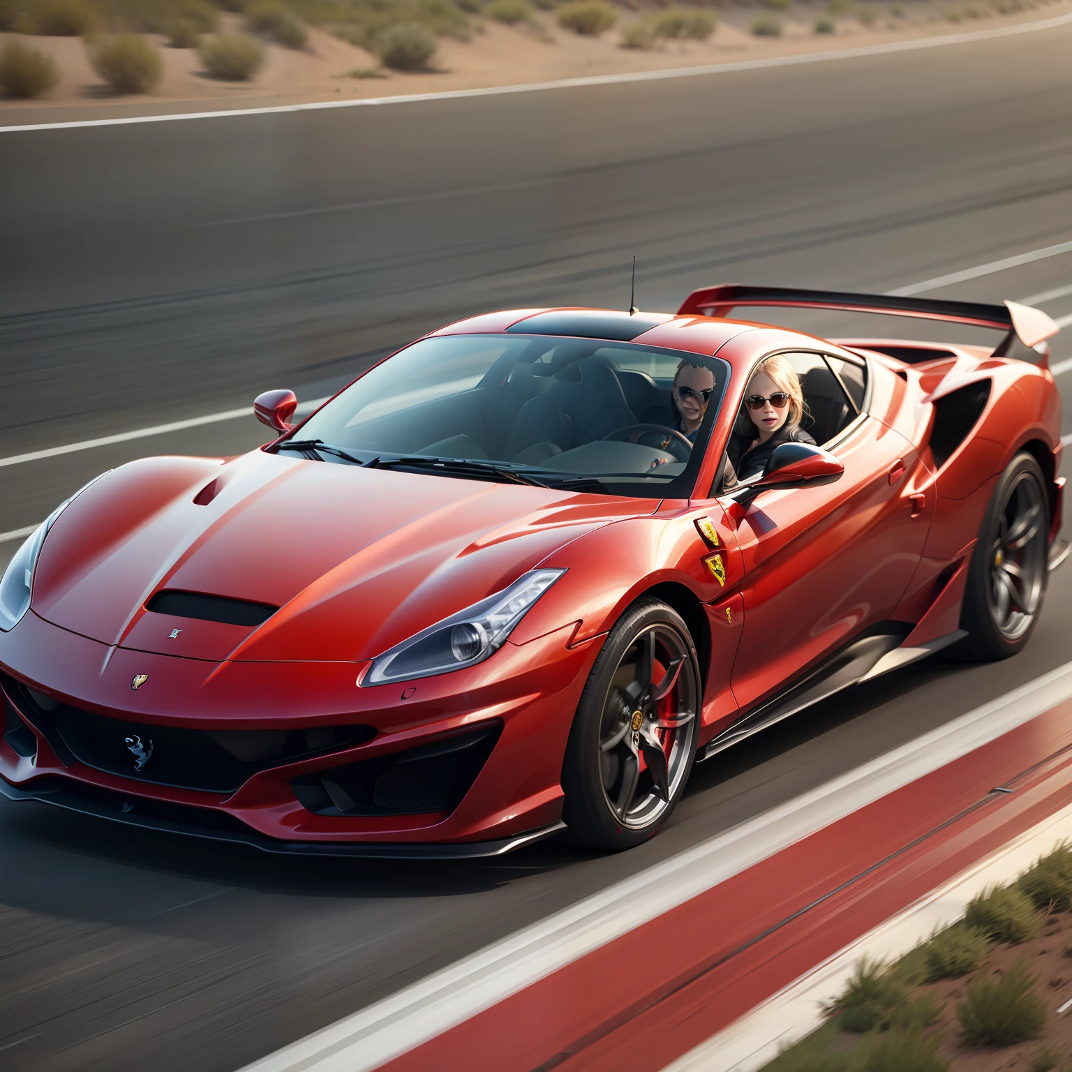 red Ferrari driving on the track behind the wheel of a blonde girl in sunglasses