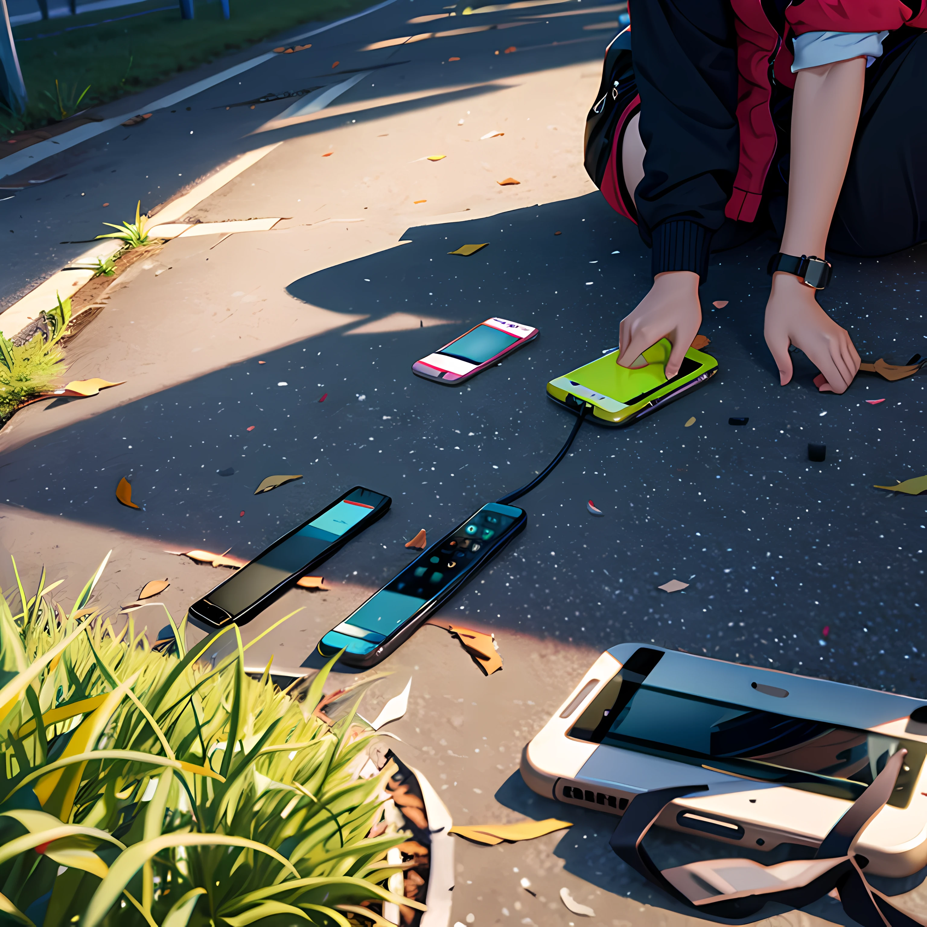 There are many mobile phones scattered on the ground