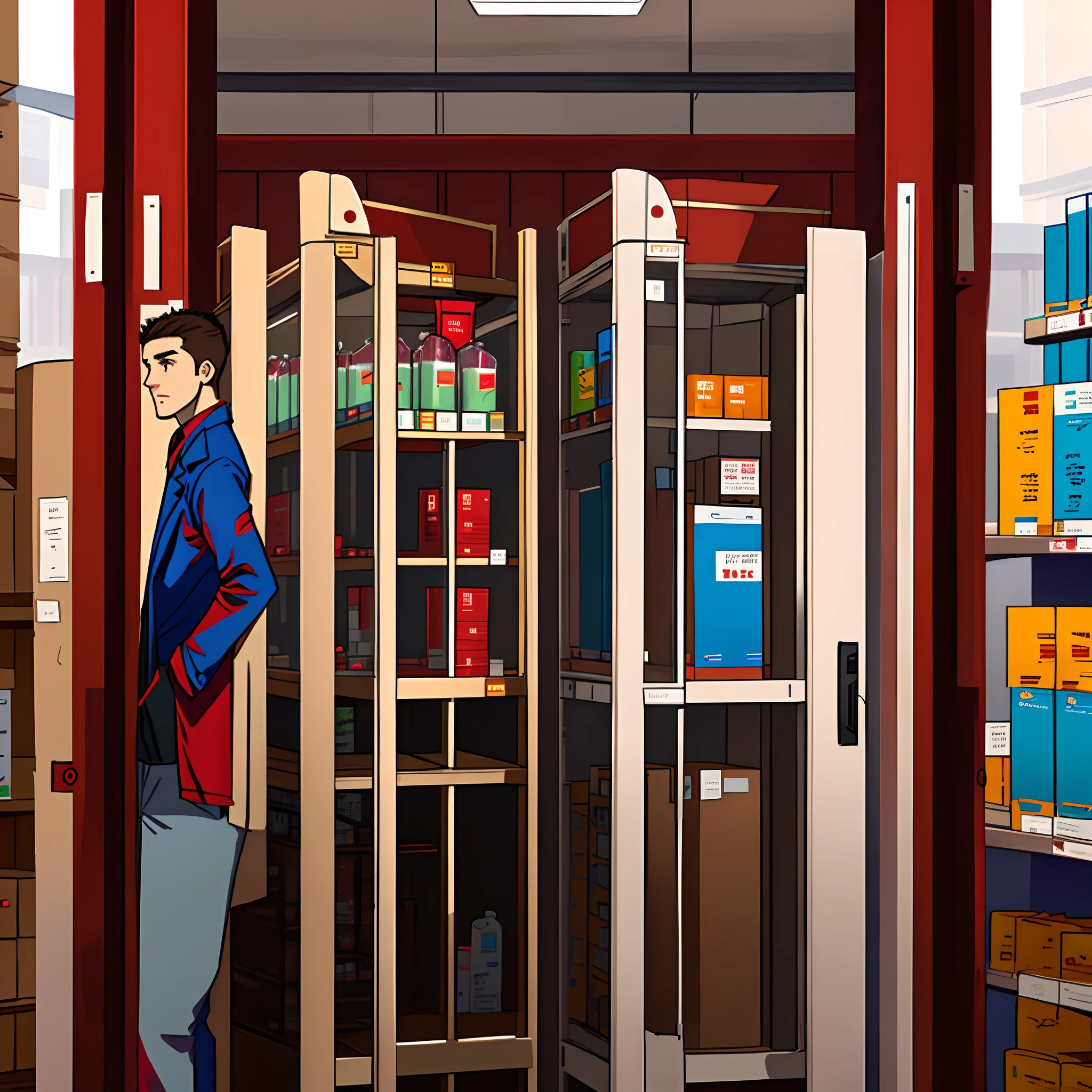 Two guys work in a pharmacy warehouse with red doctor coat