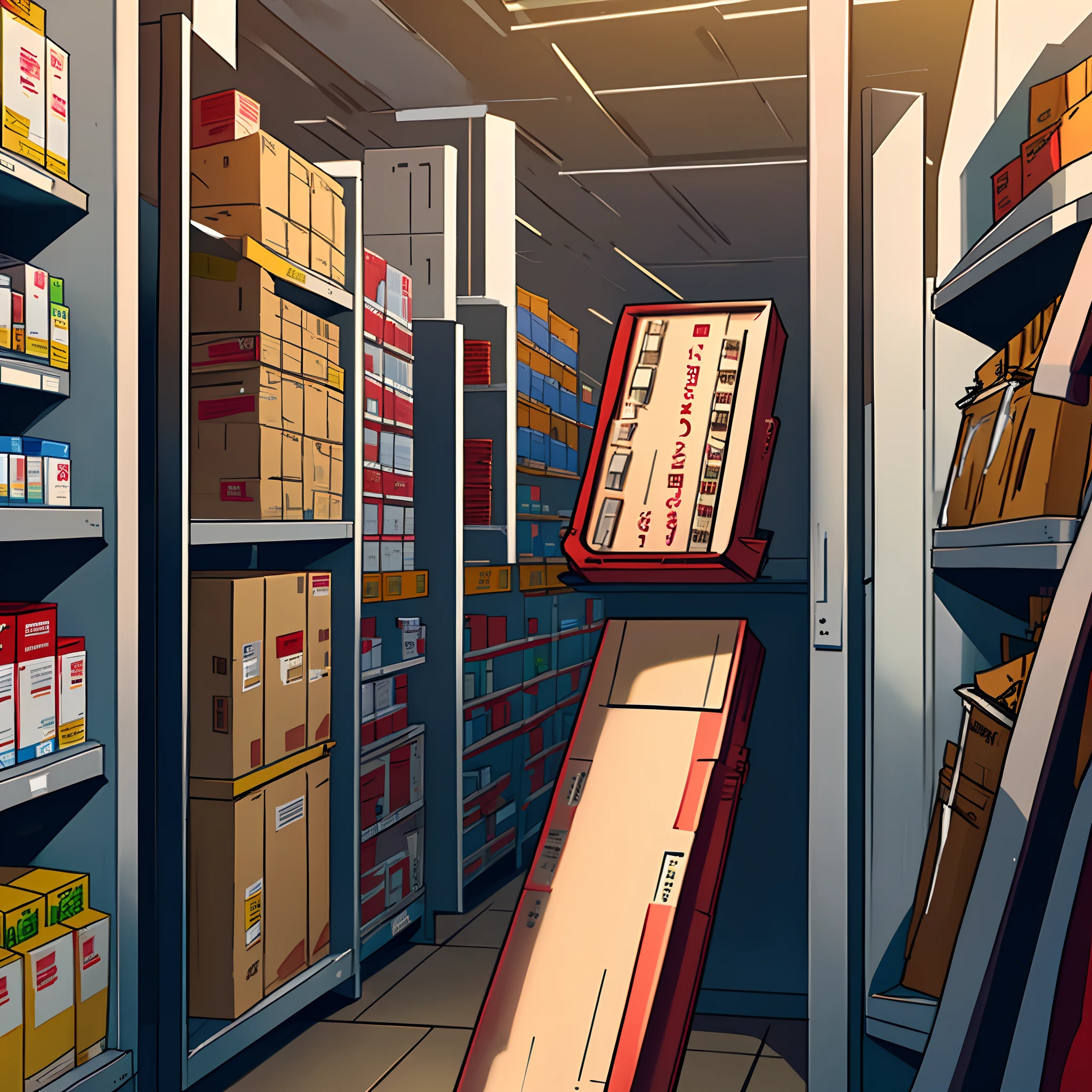 Two guys work in a pharmacy warehouse with red doctor coat