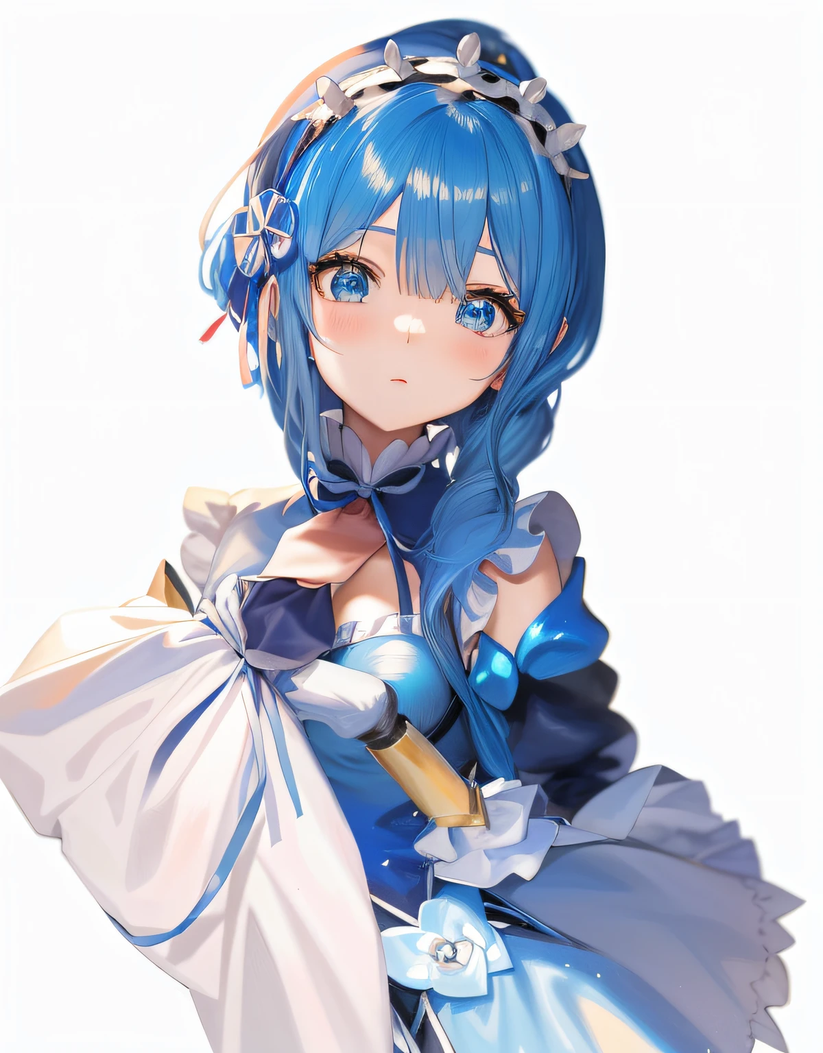 Anime girl with blue hair and blue dress holding a white bag, Rem Rezero, anime moe art style, Loli, cerulean, Ayaka Genshin impact, tsuaii, Genshin, beatrice blue, Azure. detailed hairs, style of anime4 K, cute anime waifu in a nice dress, zerochan art, Also, fus rei, Hestia