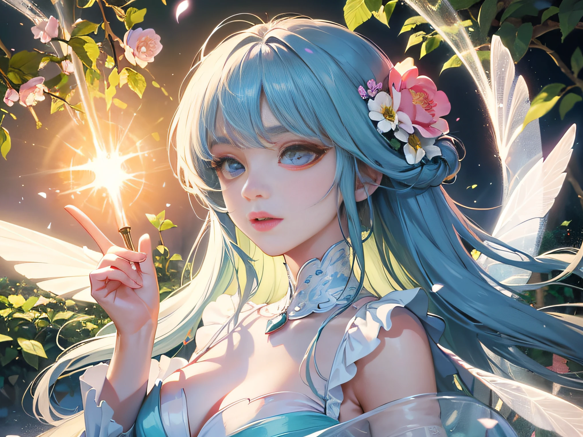 (Masterpiece), (best picture quality), 8K, high detail, super detail, a beautiful and magical flower fairy with delicate features, she holds a magic wand in her hand, is casting magic, radiates a soft and brilliant light, symbolizing her love of magic and her ability to bloom flowers and joy, and flies in mid-air with translucent wings on her back, Flashing a rainbow of bright colors, flying in mid-air, elegantly flying in the middle of two large trees overgrown with flowers, the background is lush with flowers, her presence fills the surroundings with an enchanting feeling, casts an enchanting light on the scene, her dress is woven of delicate petals and leaves, blends with the natural elements of the surrounding environment, her expression is calm, Reflecting her deep connection to nature and the harmonious energy that flows through her, close-up, realistic, highly detailed and intricate, the images embody the ethereal nature of the flower fairy, blending her captivating presence with the serene beauty of the natural world