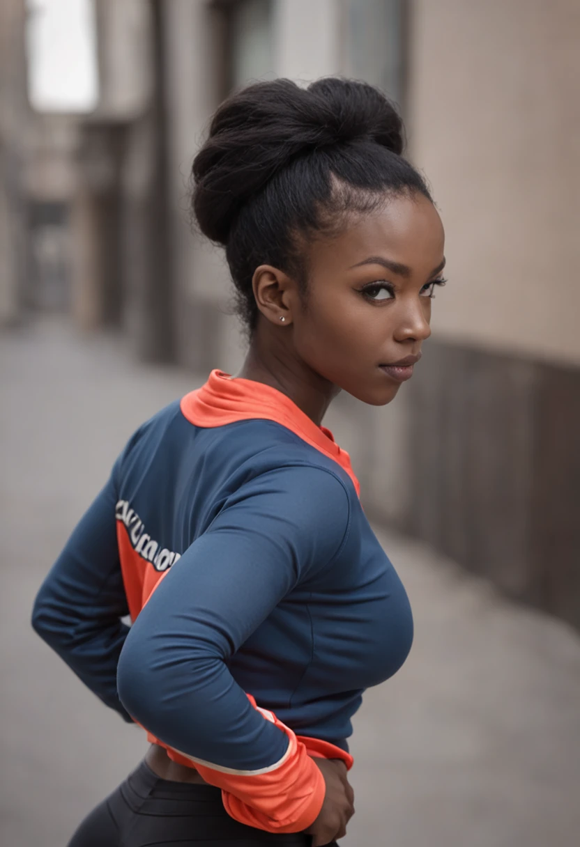 1 girl, (Burundian), ((detailed face)), Milf Cammy of street wrestler clothing ((jacket)), (blue jacket on top) [black sports t-shirt] and (black yoga pants), (circumflex afro hairstyle, short hair), bottom a gym, (arms behind her back), (bend over), straddling her big ass for camera. full body shot