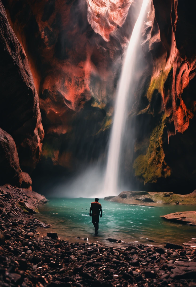 indian man walking in waterfall cave