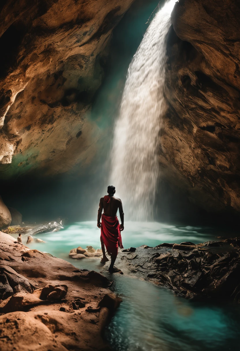 indian man walking in waterfall cave