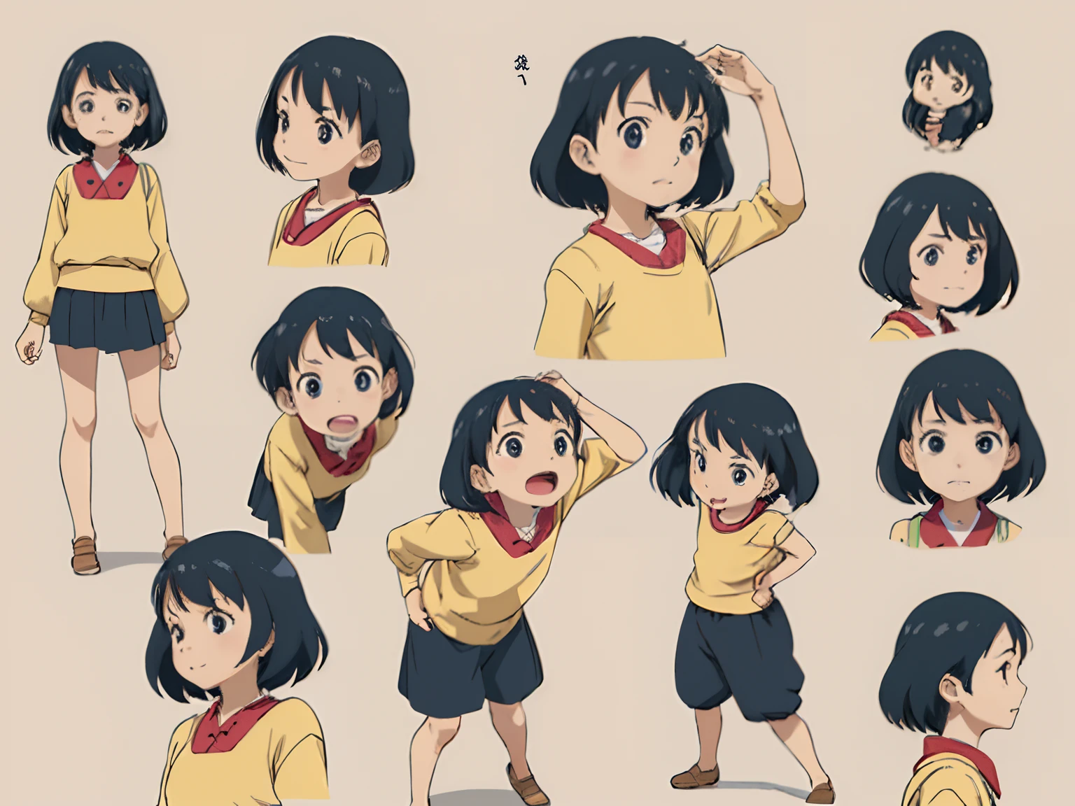 cute girl, character seet, Multiple pose and expressions, different angles, organizing, standing posture, ghibli style, childrens book, meny character,