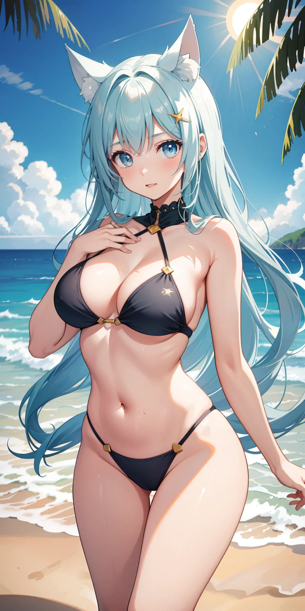 1girll, with light glowing, side-lighting, Wallpapers,Extremely high image quality,Ultra-clear resolution,Tight swimsuit,Beach by the sea,Sunset,mediuml breasts,Sexy belly,Delicate hands,dual horsetail,cat ear,Confused eyes,Azure hair