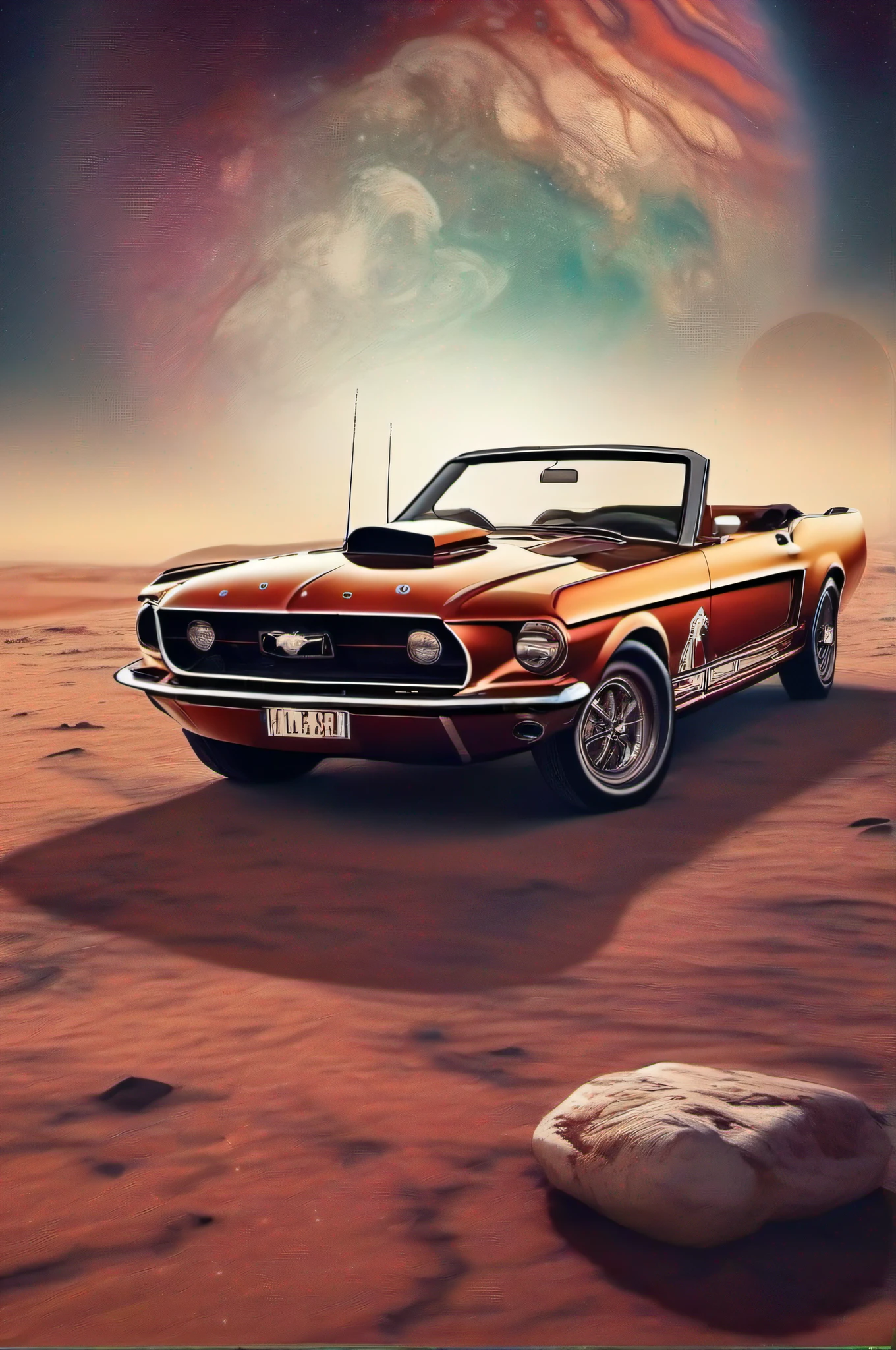 A Colored Tattoo art masterpiece,  A Ford Converible Mustang , Driving in mars, Space, HD