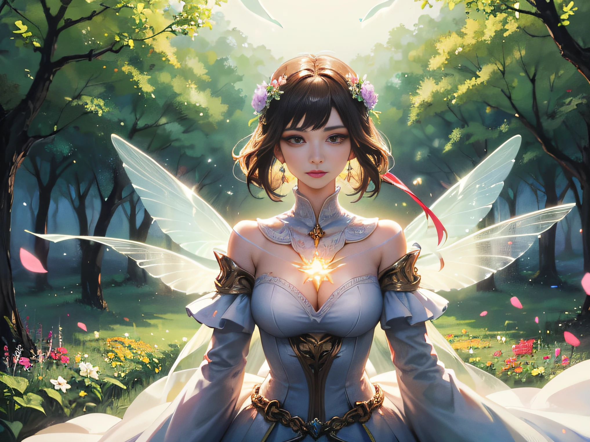 (Masterpiece), (best picture quality), 8K, high detail, super detail, a beautiful and magical flower fairy with delicate features, she holds a magic wand in her hand and is performing magic, emitting a soft and brilliant light, symbolizing her love of magic and her ability to bloom flowers and joy, and flying in mid-air with translucent wings on her back, Flashing a rainbow of bright colors, flying in mid-air, elegantly flying in the middle of two large trees overgrown with flowers, the background is lush with flowers, her presence fills the surroundings with an enchanting feeling, casts an enchanting light on the scene, her dress is woven of delicate petals and leaves, blends with the natural elements of the surrounding environment, her expression is calm, Reflecting her deep connection to nature and the harmonious energy that flows through her, close-up, realistic, highly detailed and intricate, the images embody the ethereal nature of the flower fairy, blending her captivating presence with the serene beauty of the natural world