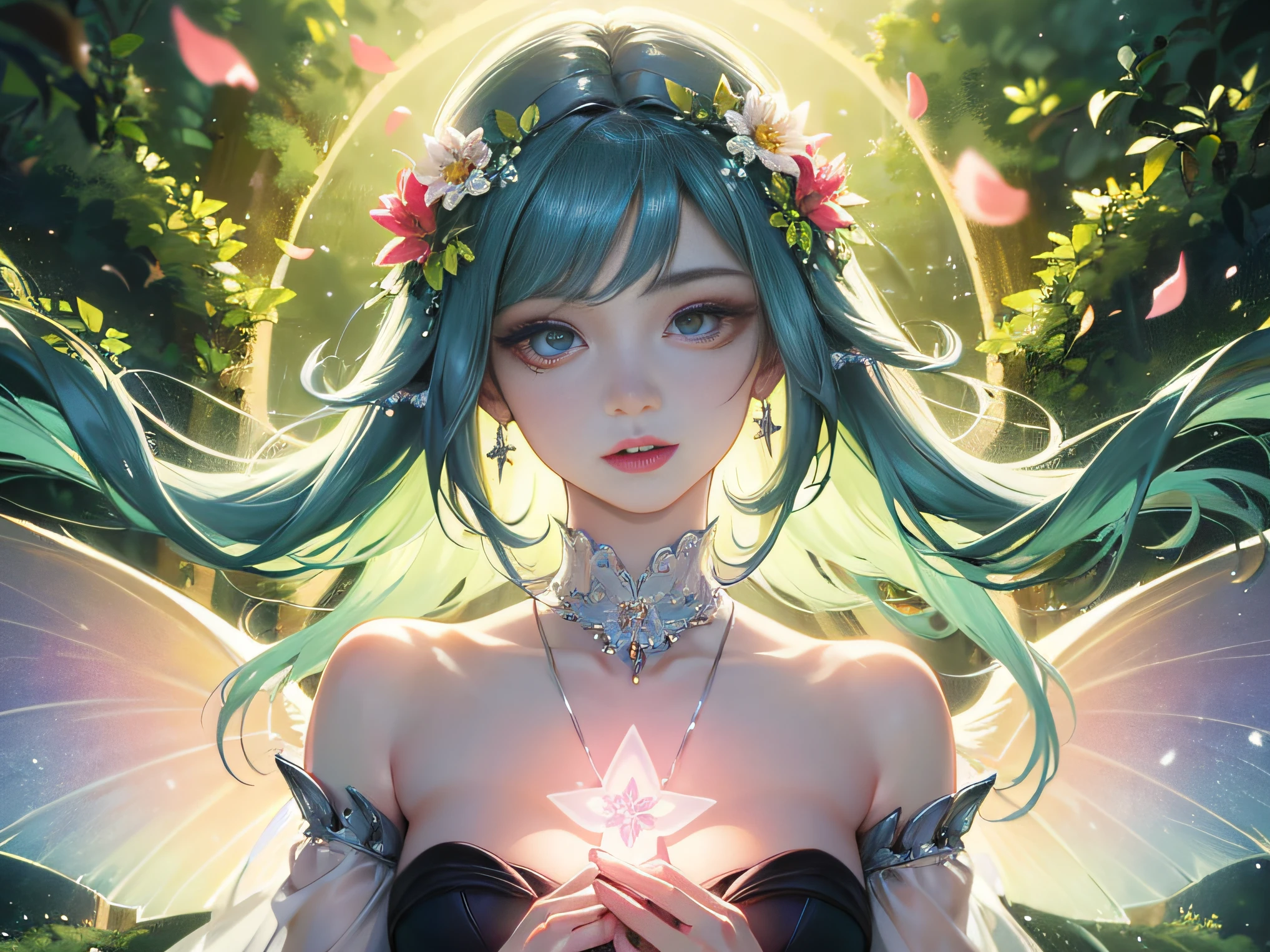 (Masterpiece), (best picture quality), 8K, high detail, super detail, a beautiful and magical flower fairy with delicate features, she holds a magic wand in her hand and is performing magic, emitting a soft and brilliant light, symbolizing her love of magic and her ability to bloom flowers and joy, and flying in mid-air with translucent wings on her back, Flashing a rainbow of bright colors, flying in mid-air, elegantly flying in the middle of two large trees overgrown with flowers, the background is lush with flowers, her presence fills the surroundings with an enchanting feeling, casts an enchanting light on the scene, her dress is woven of delicate petals and leaves, blends with the natural elements of the surrounding environment, her expression is calm, Reflecting her deep connection to nature and the harmonious energy that flows through her, close-up, realistic, highly detailed and intricate, the images embody the ethereal nature of the flower fairy, blending her captivating presence with the serene beauty of the natural world