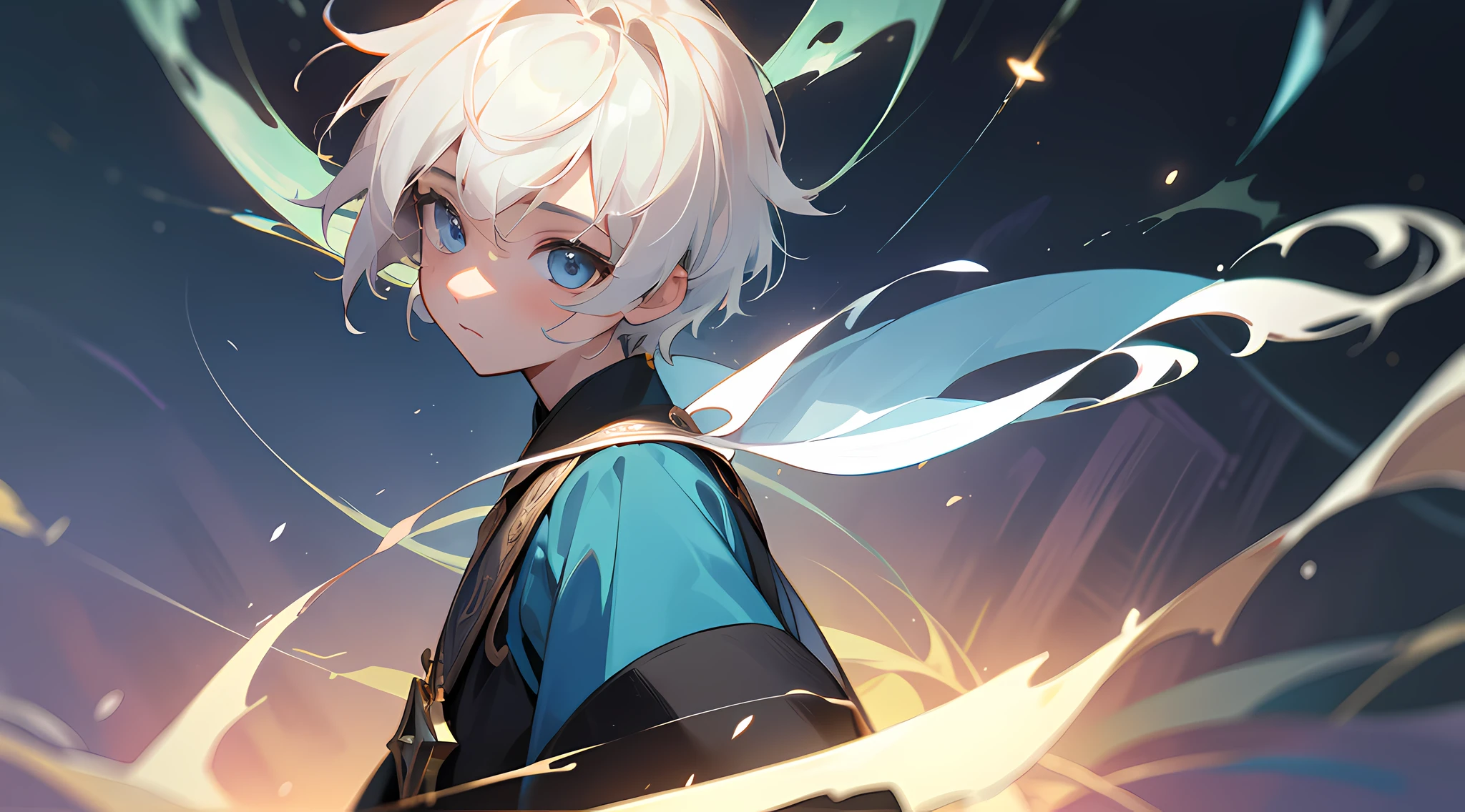 1 boy, cabelos brancos, olhos azuis, casting magic, 4k, alto detalhamento