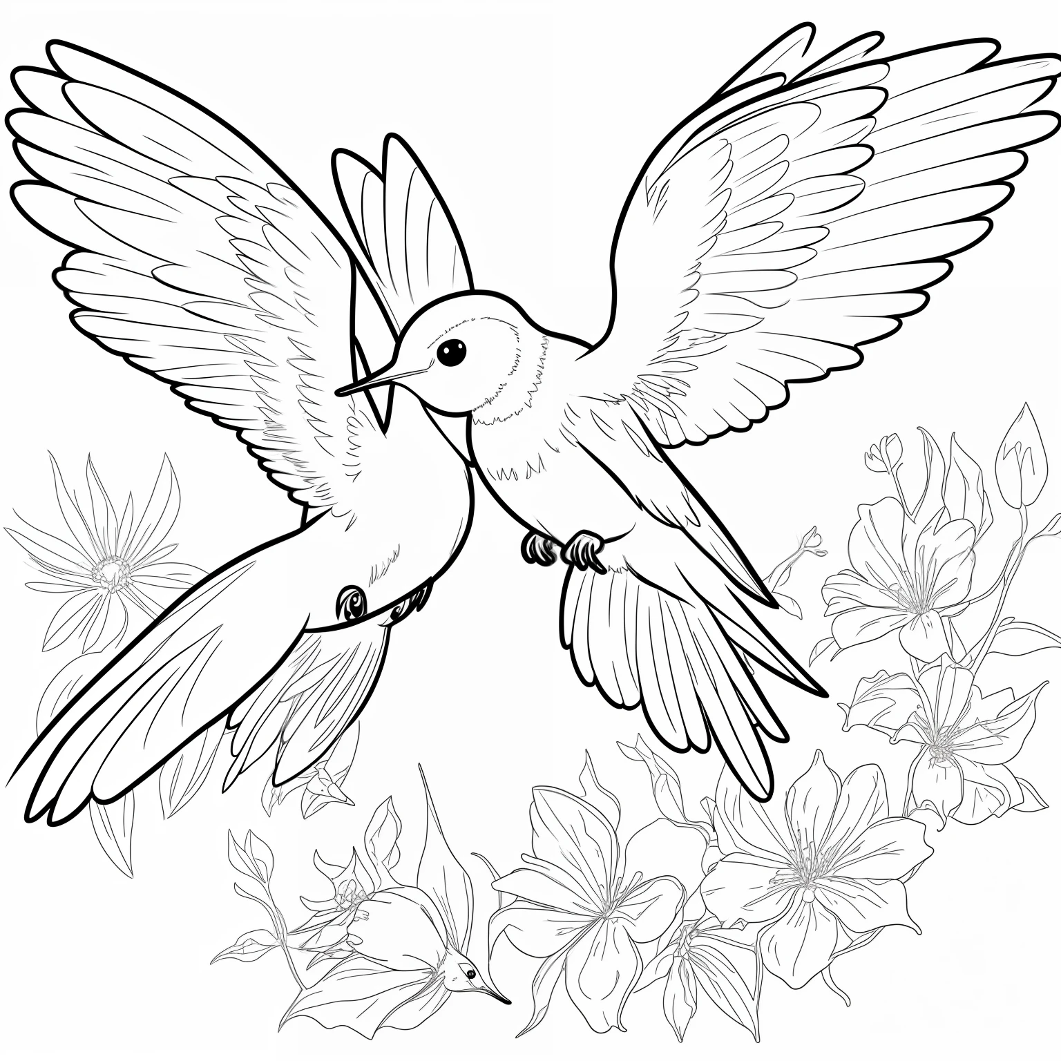 black and white outline art for Hummingbird coloring book page, children's coloring pages, full white, children's style, white background, drawing style, full body (((((white background))))), use only outline., cartoon style, line art, coloring book, clean line art, white background, Sketch style