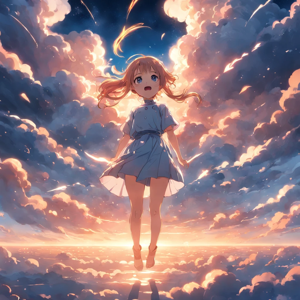 masterpiece, best quality, movie still, 1girl, cloud girl, floating in the sky, close-up, bright, happy, warm soft lighting, sunset, (sparks:0.7)