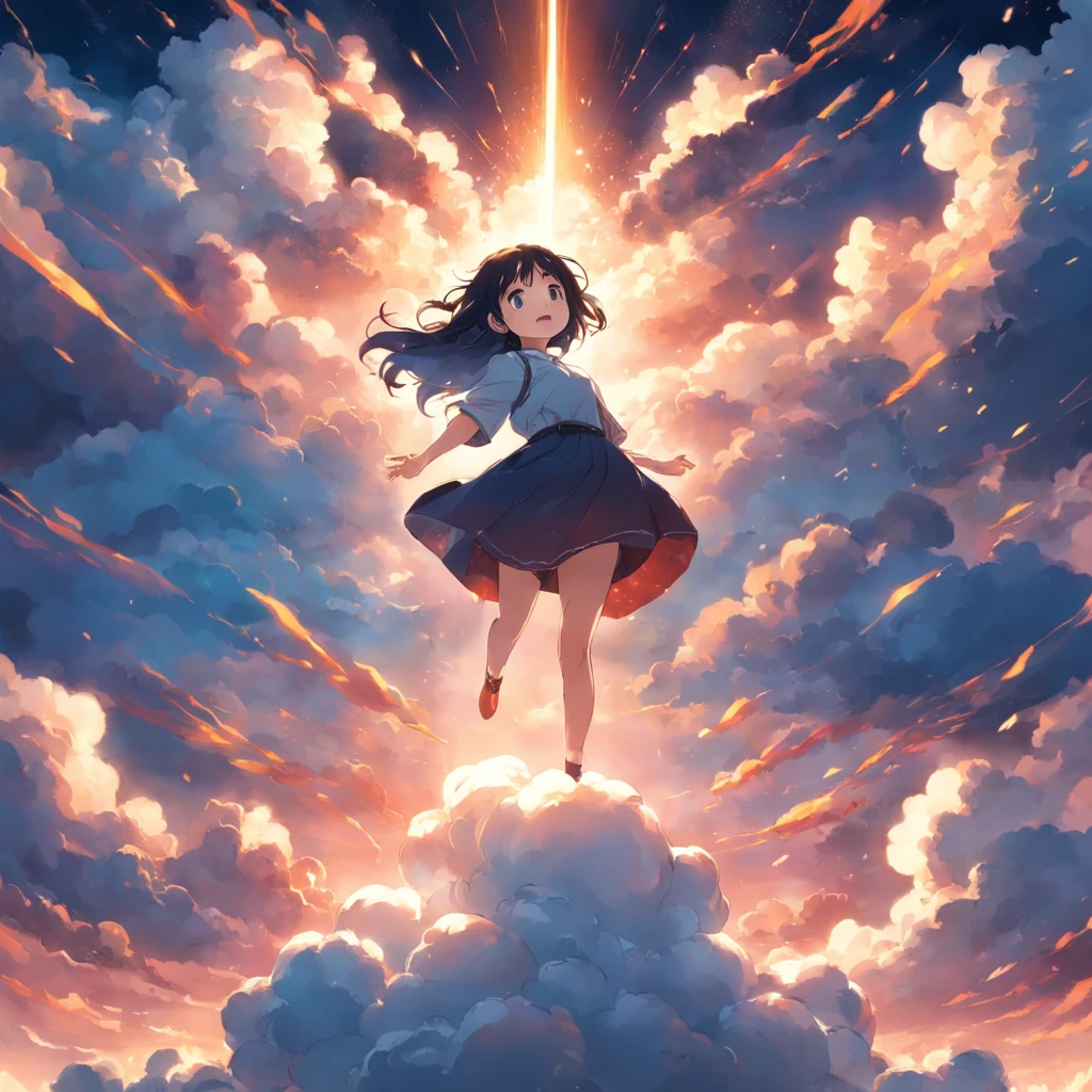 masterpiece, best quality, movie still, 1girl, cloud girl, floating in the sky, close-up, bright, happy, warm soft lighting, sunset, (sparks:0.7)