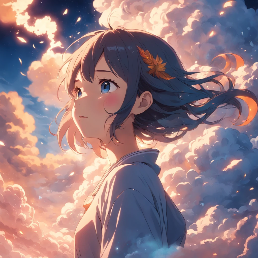 masterpiece, best quality, movie still, 1girl, cloud girl, floating in the sky, close-up, bright, happy, warm soft lighting, sunset, (sparks:0.7)