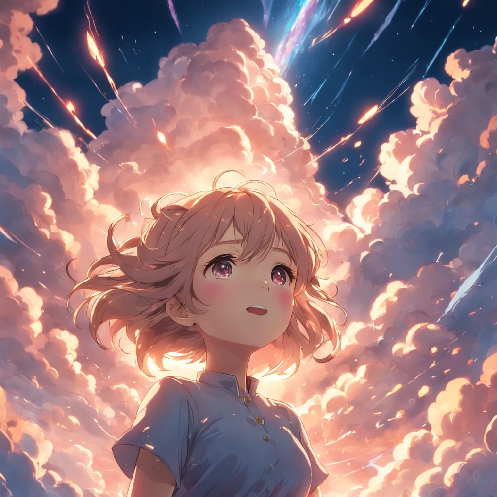 masterpiece, best quality, movie still, 1girl, cloud girl, floating in the sky, close-up, bright, happy, warm soft lighting, sunset, (sparks:0.7)