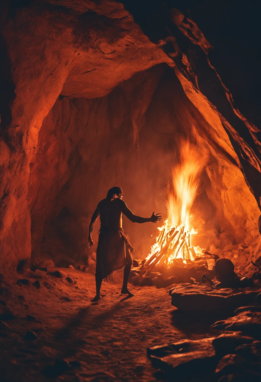 Indian man entering cave with campfire