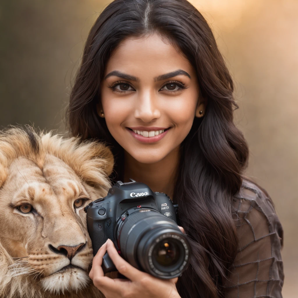 "flawless radiance, charismatic indian skincare blogger taking a selfie, glowing skin, captivating smile, intense lion in the background ready to pounce"