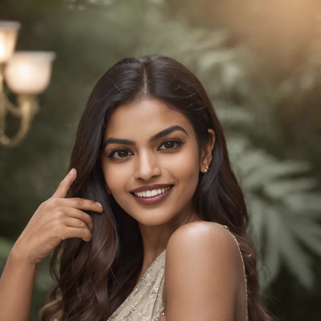 "flawless radiance, charismatic indian skincare blogger taking a selfie, glowing skin, captivating smile, intense lion in the background ready to pounce"