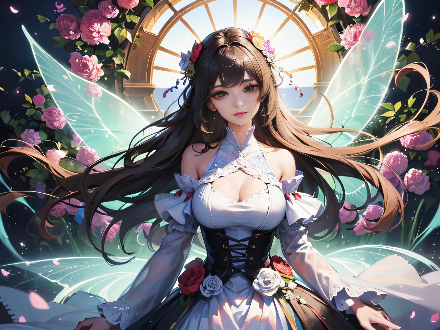 (Masterpiece), (best picture quality), 8K, high detail, super detail, a beautiful and magical flower fairy with delicate features, she holds a wand in her hand, is performing magic, radiates a soft and brilliant light, symbolizing her love of magic and her ability to bloom flowers and joy, and flies in mid-air with translucent wings on her back, Flashing a rainbow of bright colors, flying in mid-air, elegantly flying in the middle of two large trees overgrown with flowers, the background is lush with flowers, her presence fills the surroundings with an enchanting feeling, casts an enchanting light on the scene, her dress is woven of delicate petals and leaves, blends with the natural elements of the surrounding environment, her expression is calm, Reflecting her deep connection to nature and the harmonious energy that flows through her, close-up, realistic, highly detailed and intricate, the images embody the ethereal nature of the flower fairy, blending her captivating presence with the serene beauty of the natural world