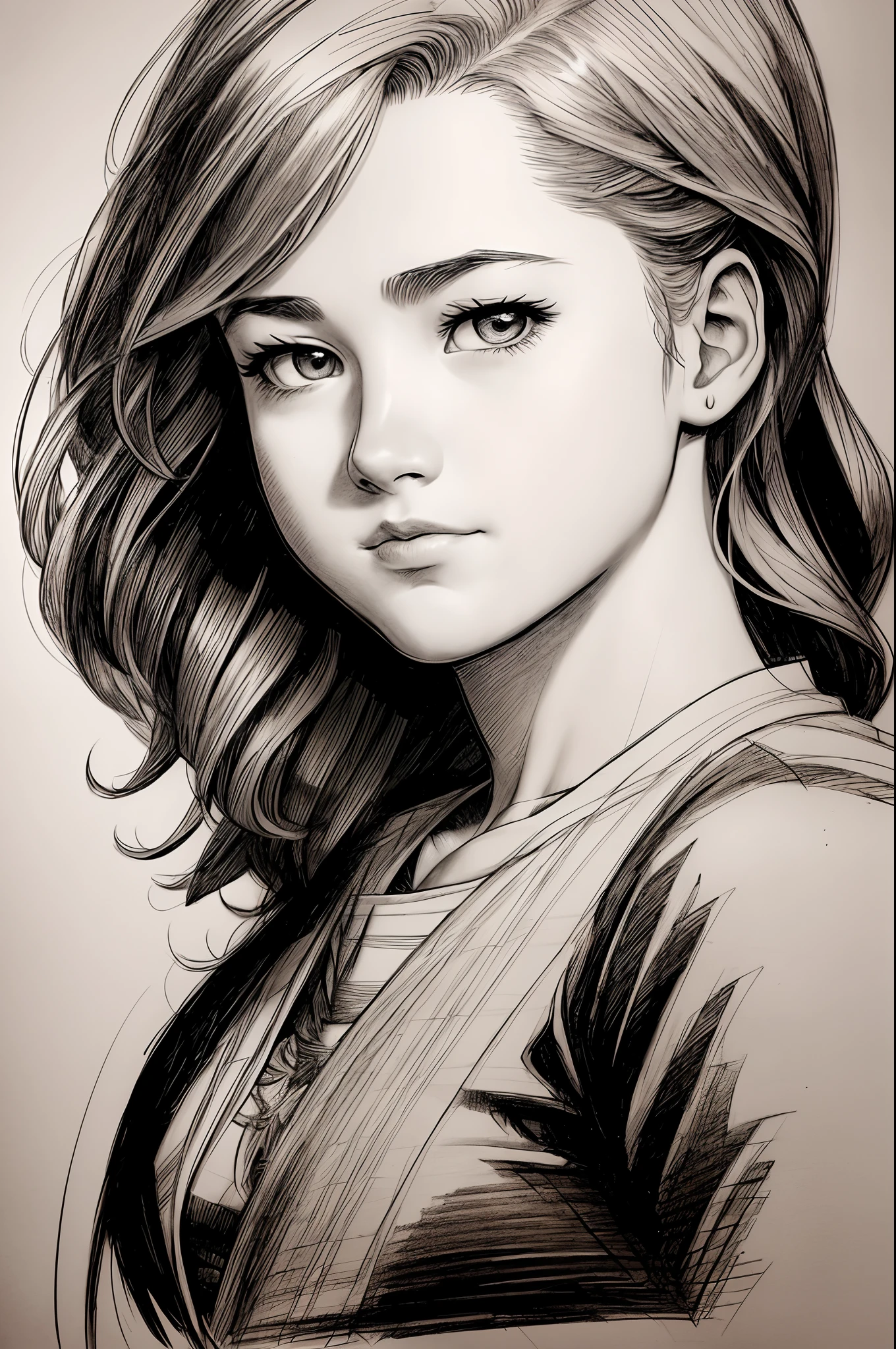 young Emma Robertson, intricate pencil sketch, expressive eyes, nose and mouth, Un-Zoom, jim lee (jim lee, Alexey Maleev) Right, In the center of the profile, - This is a key visual complex, With high detail, Breathtaking, Accurate lineart, Stunning panoramic cinematography
